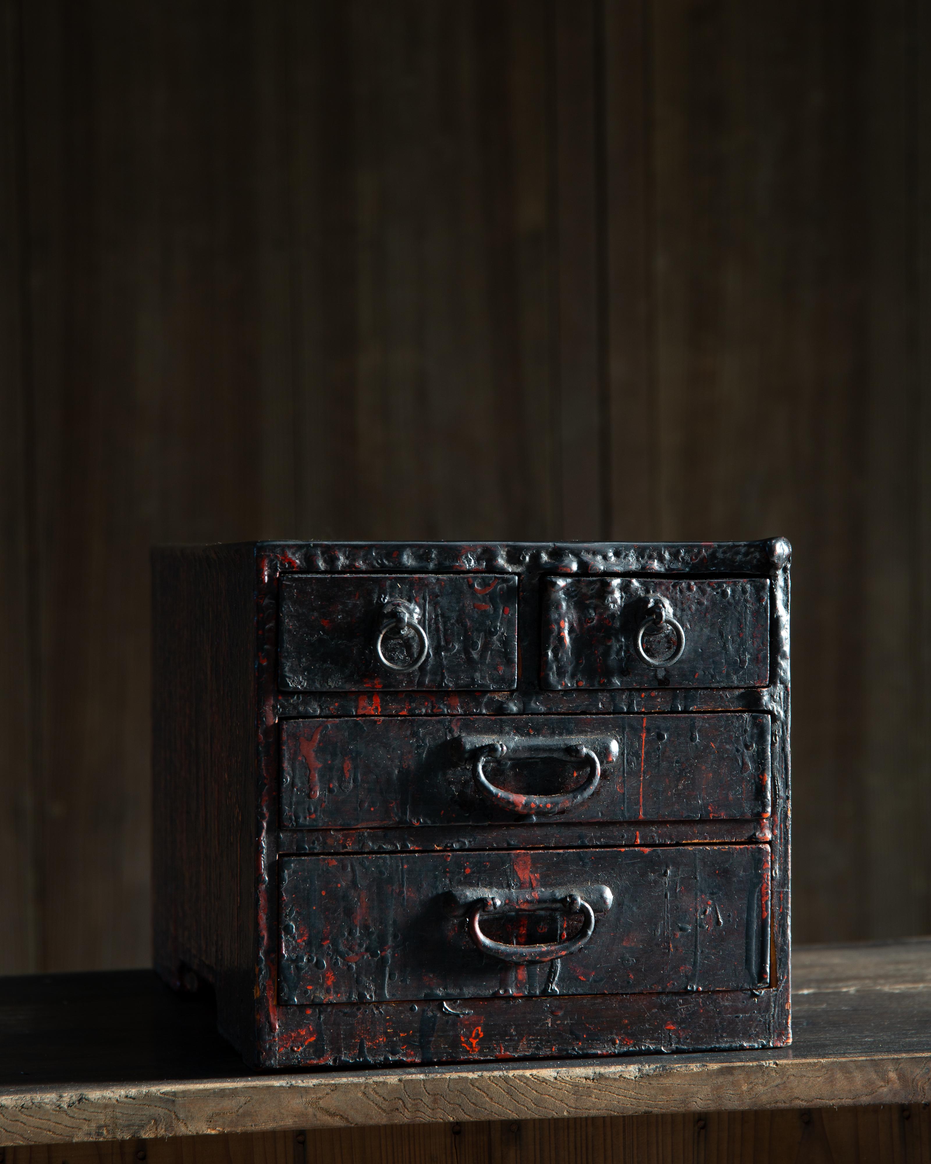 Lacquered Japanese Urushi craftsman's workbench w/ drawers, box chest of drawers wabi sabi For Sale