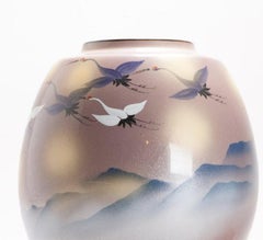 Japanese Vase Arita by Kutani, Crane Flying, 20th Century