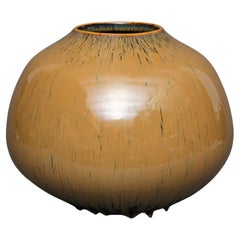 Japanische Vase mit brauner Tropfglasur von Yamamoto Seinen 山本正年 (1912-1986)