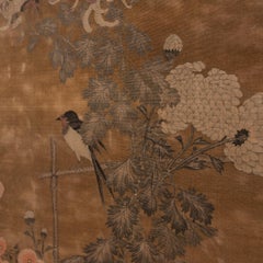Japanese Velvet Scroll Painting of Magpies and Chrysanthemums, Meiji Period