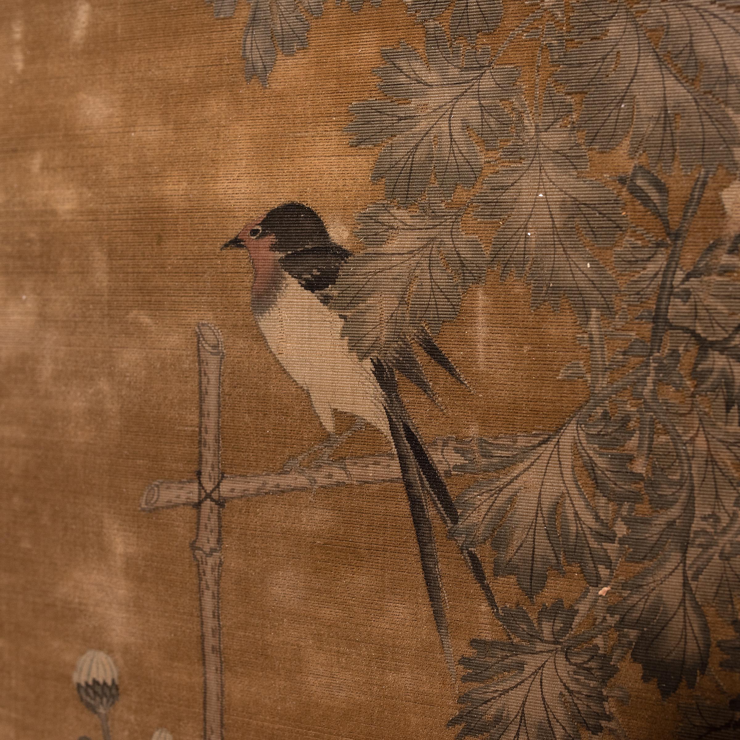 Hand-Painted Japanese Velvet Scroll Painting of Magpies and Chrysanthemums, Meiji Period