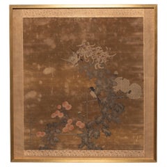 Japanese Velvet Scroll Painting of Magpies and Chrysanthemums, Meiji Period