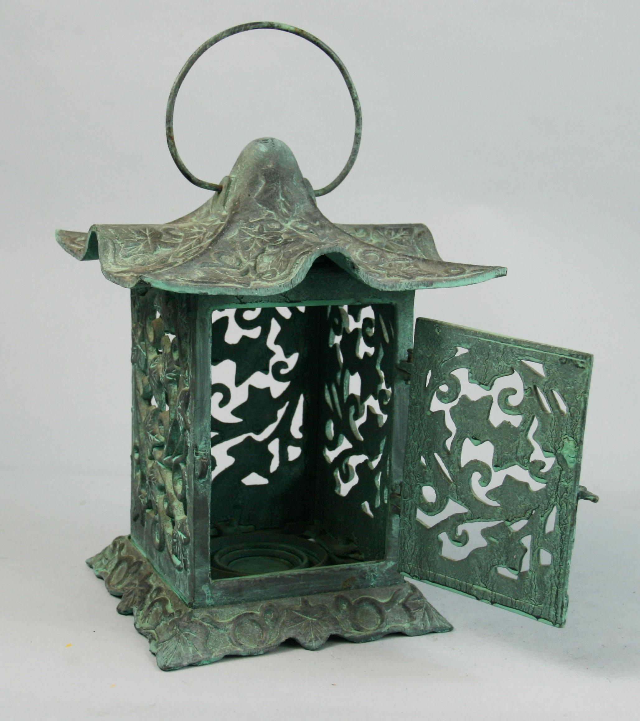 Mid-20th Century Japanese Garden Verdigris Pagoda Cast iron Candle Lantern