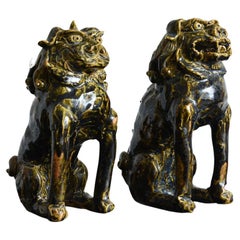 Poterie japonaise très ancienne Komainu « Lions »/1750-1850/Edo/Aichi préfecture