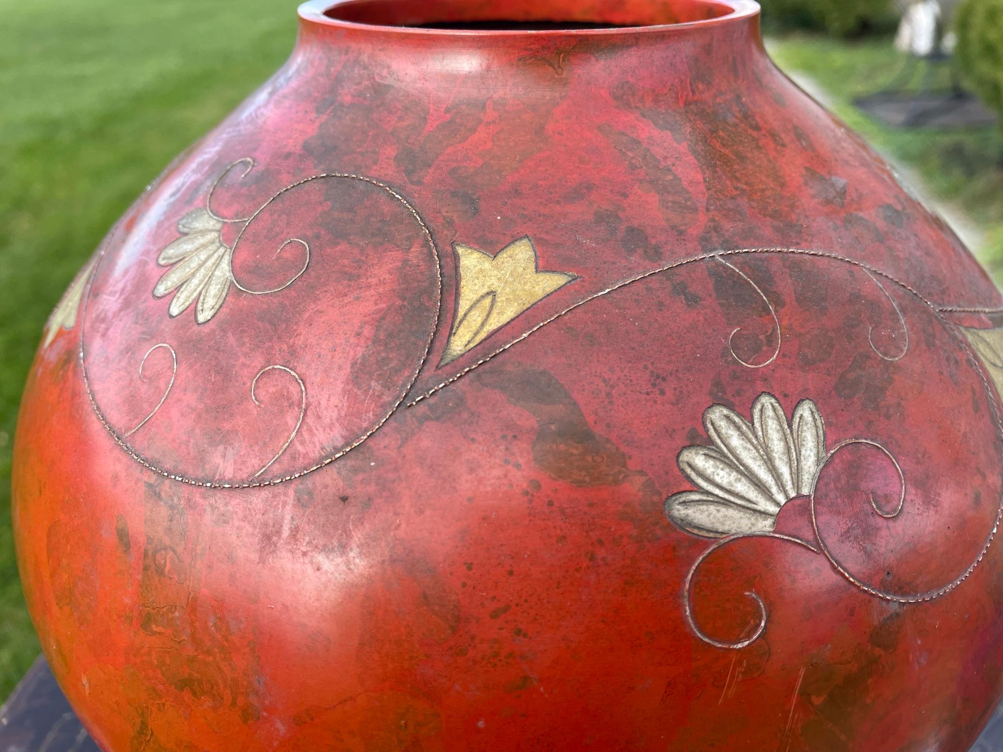 Japanese Vintage Big Red Murashido Bronze Vase Silver Fan Inlay 6