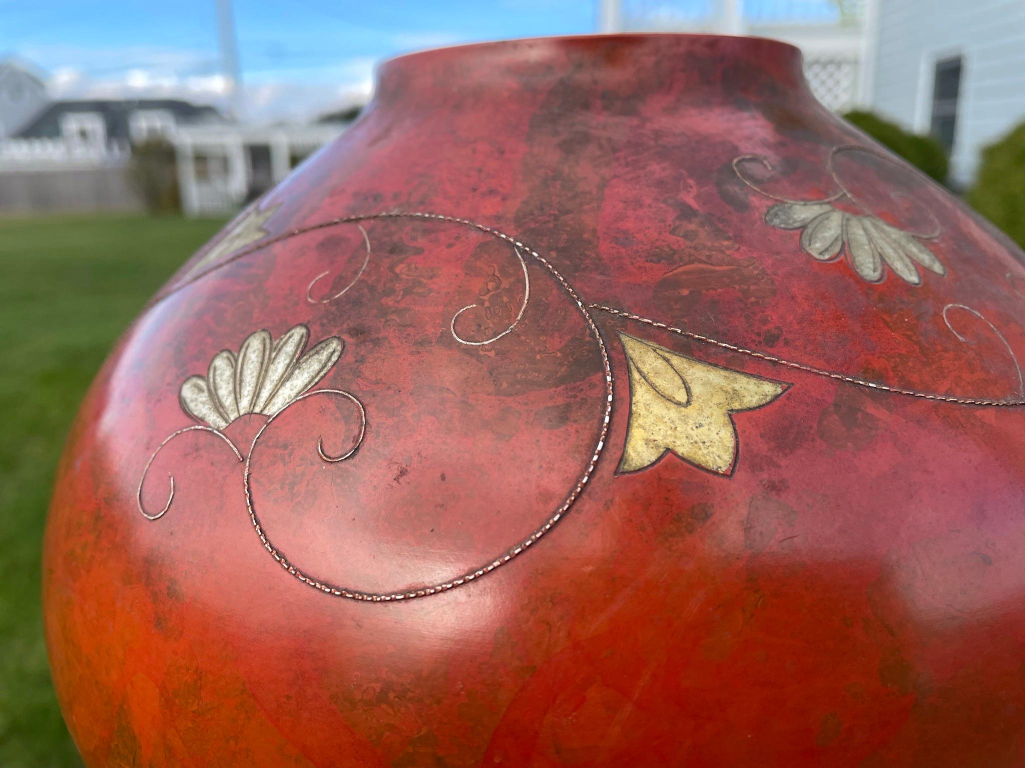 Japanese Vintage Big Red Murashido Bronze Vase Silver Fan Inlay 8
