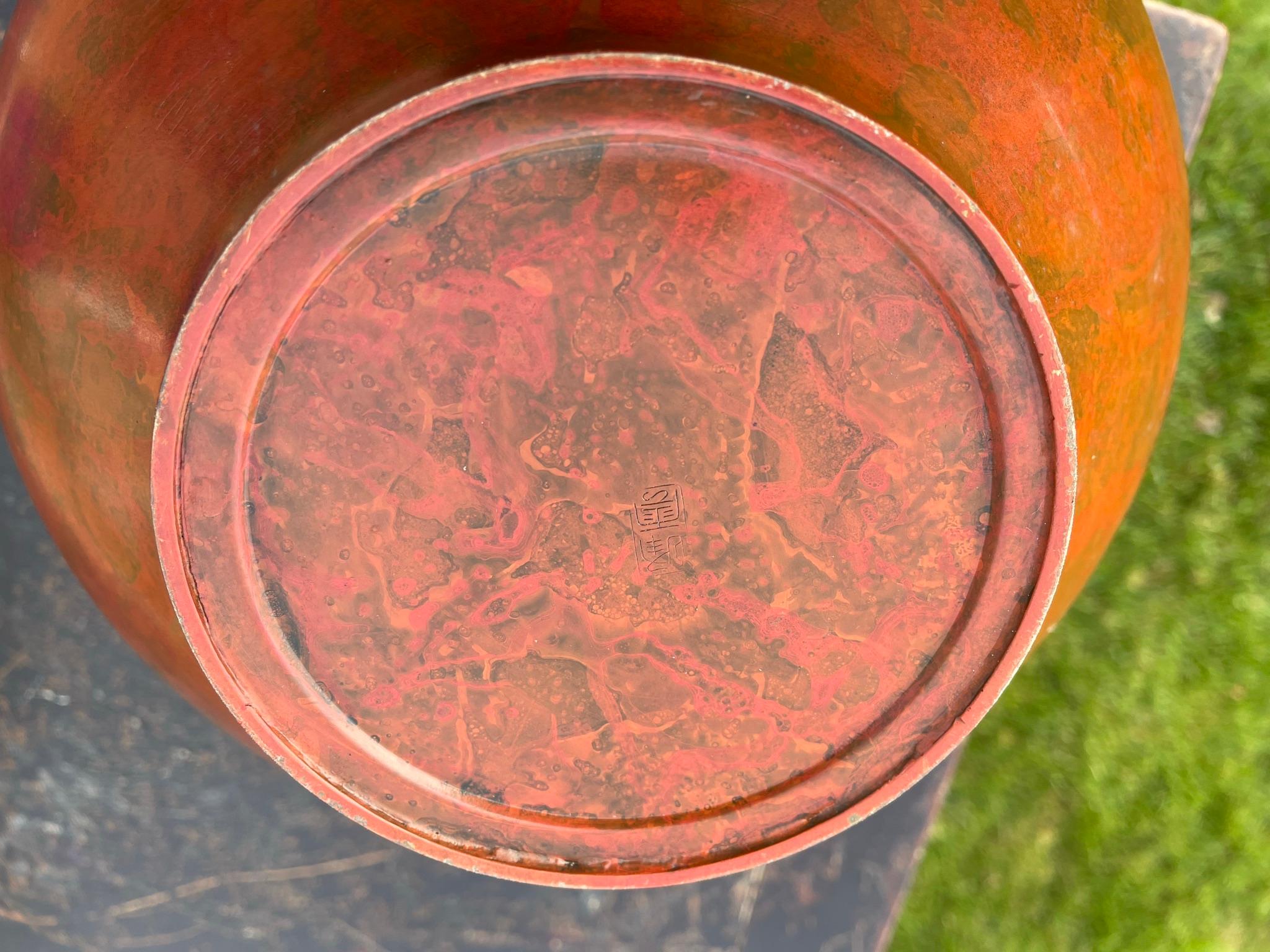 Japanese Vintage Big Red Murashido Bronze Vase Silver Fan Inlay 9