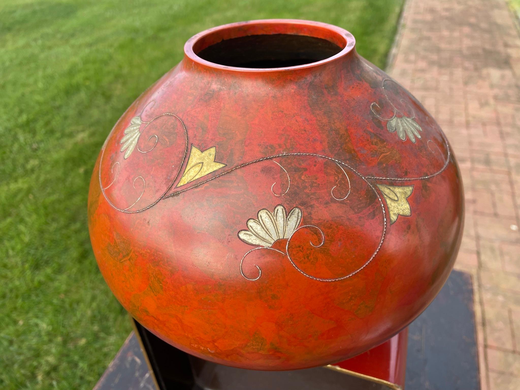 Showa Japanese Vintage Big Red Murashido Bronze Vase Silver Fan Inlay