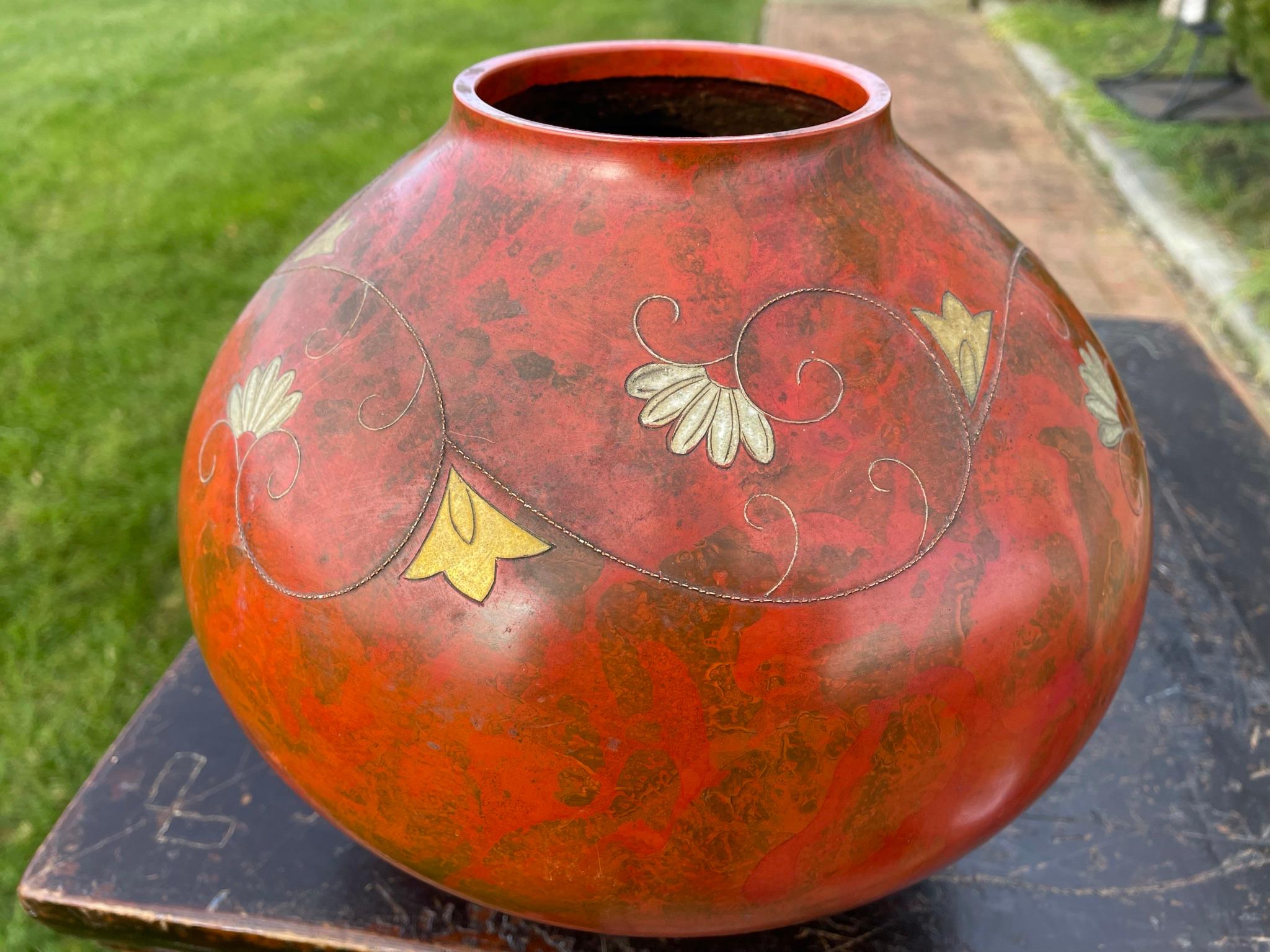 20th Century Japanese Vintage Big Red Murashido Bronze Vase Silver Fan Inlay