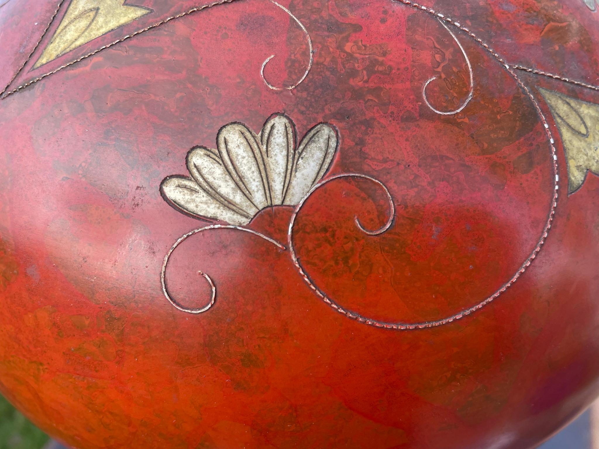 Japanese Vintage Big Red Murashido Bronze Vase Silver Fan Inlay 2
