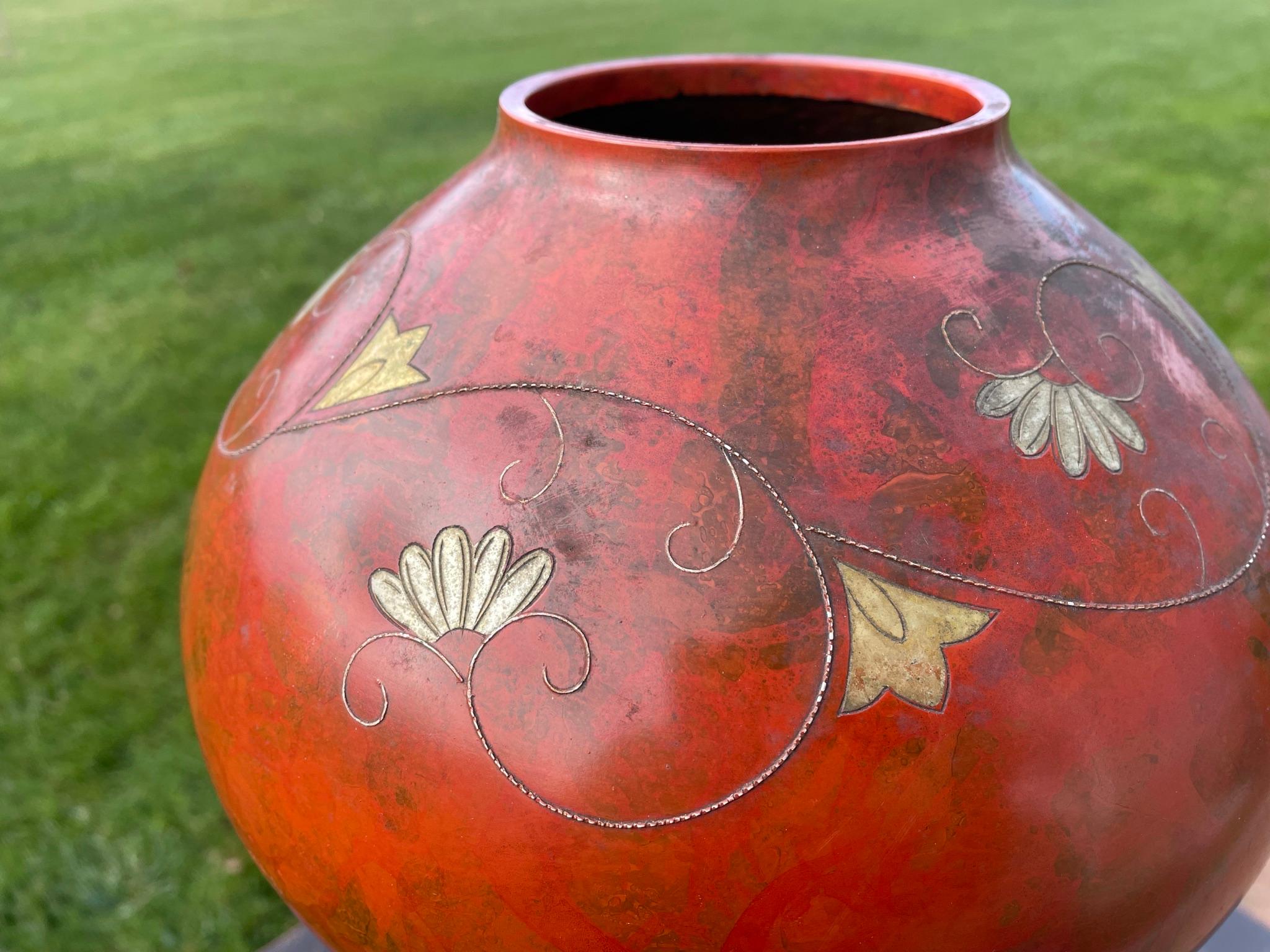 Japanese Vintage Big Red Murashido Bronze Vase Silver Fan Inlay 4