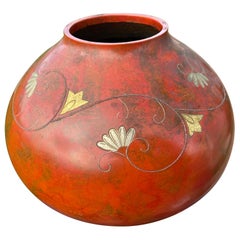 Japanese Vintage Big Red Murashido Bronze Vase Silver Fan Inlay