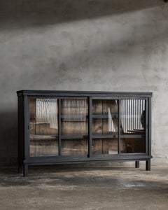 Japanese Vintage Black Glass Sliding-Door Cabinet, Early Showa Period (1926–)