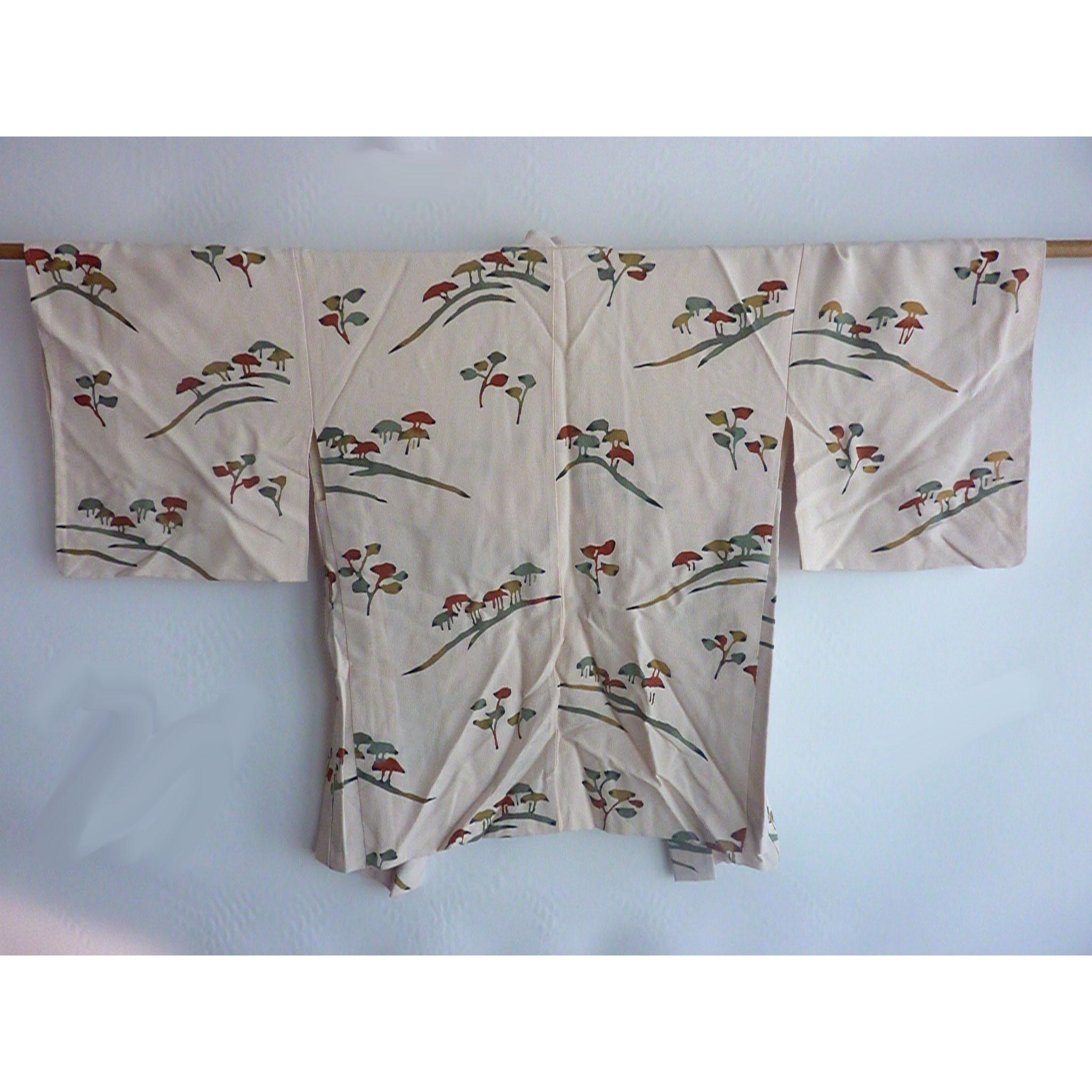 Women's or Men's Japanese vintage botanical printed gray silk short Kimono Jacket