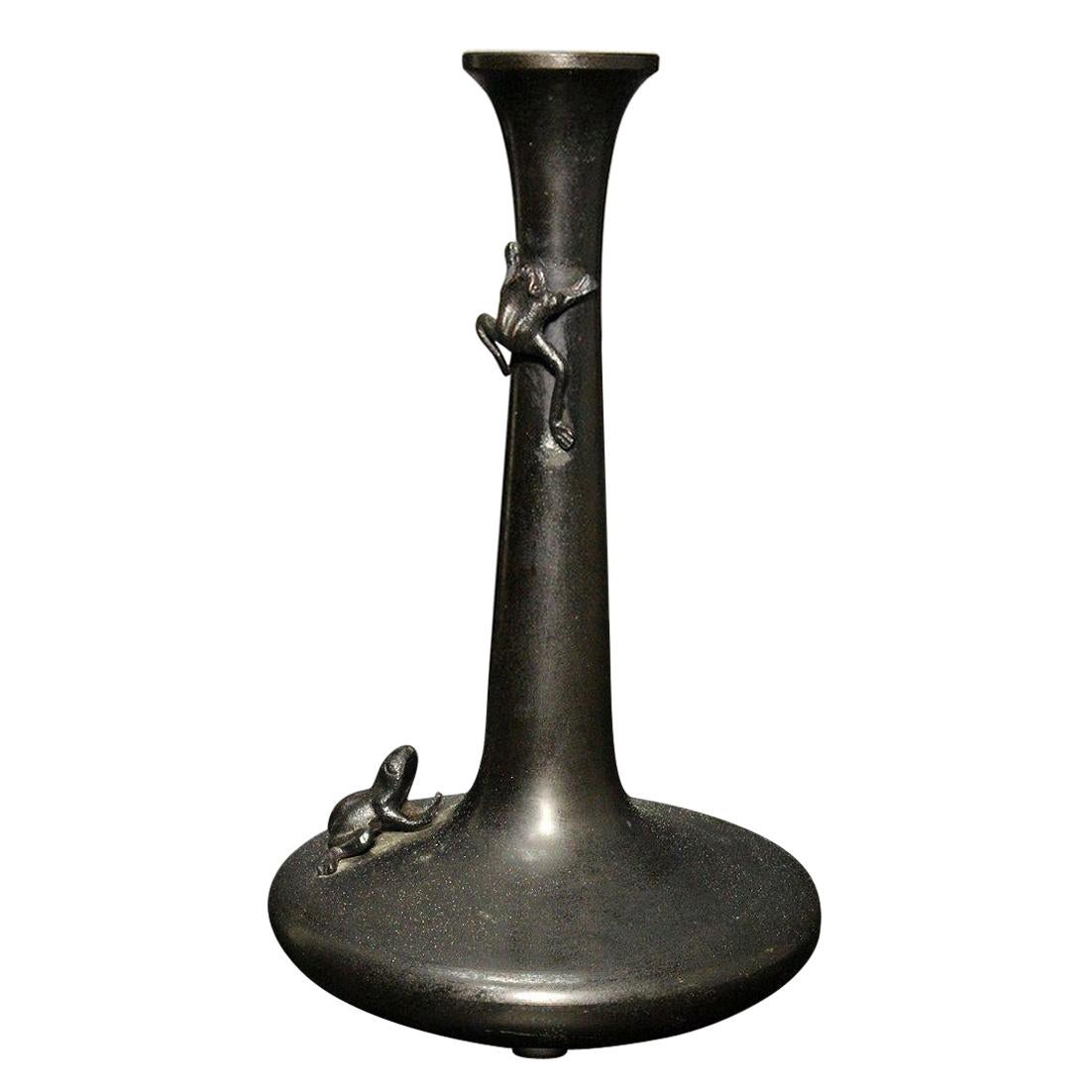 Japanese Vintage "Climbing Frogs" Hand Cast Bronze Bud Vase, Fine Patina