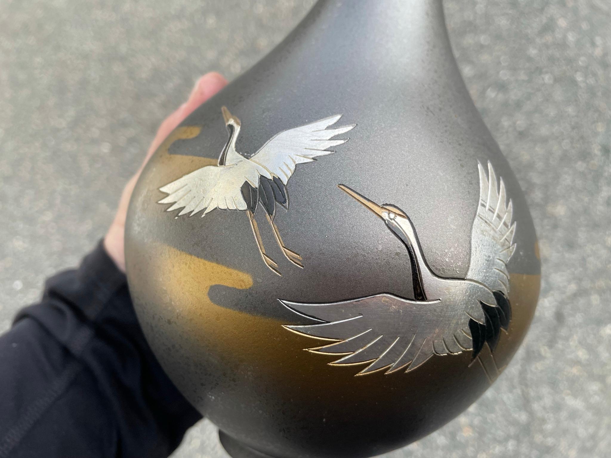 Showa Japanese Vintage Flying Cranes Bronze Vase