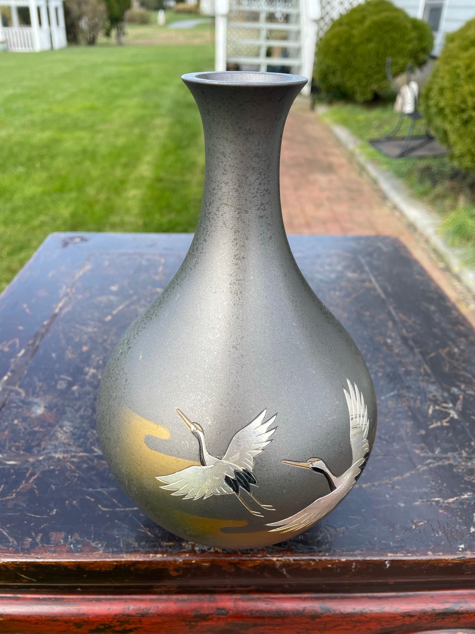 Cast Japanese Vintage Flying Cranes Bronze Vase