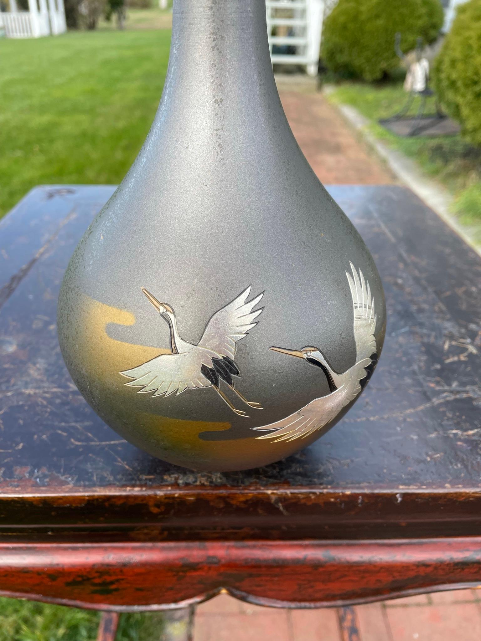 20th Century Japanese Vintage Flying Cranes Bronze Vase