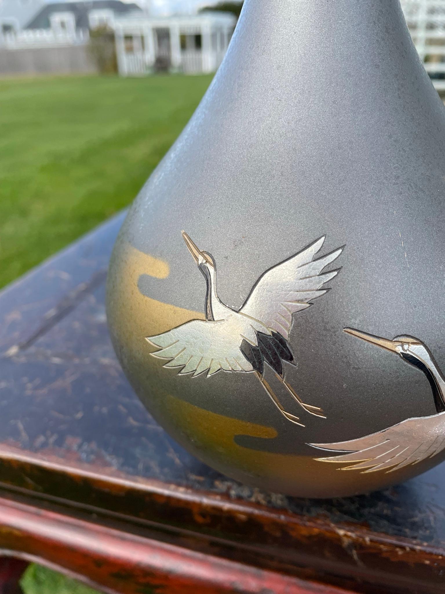 Silver Japanese Vintage Flying Cranes Bronze Vase