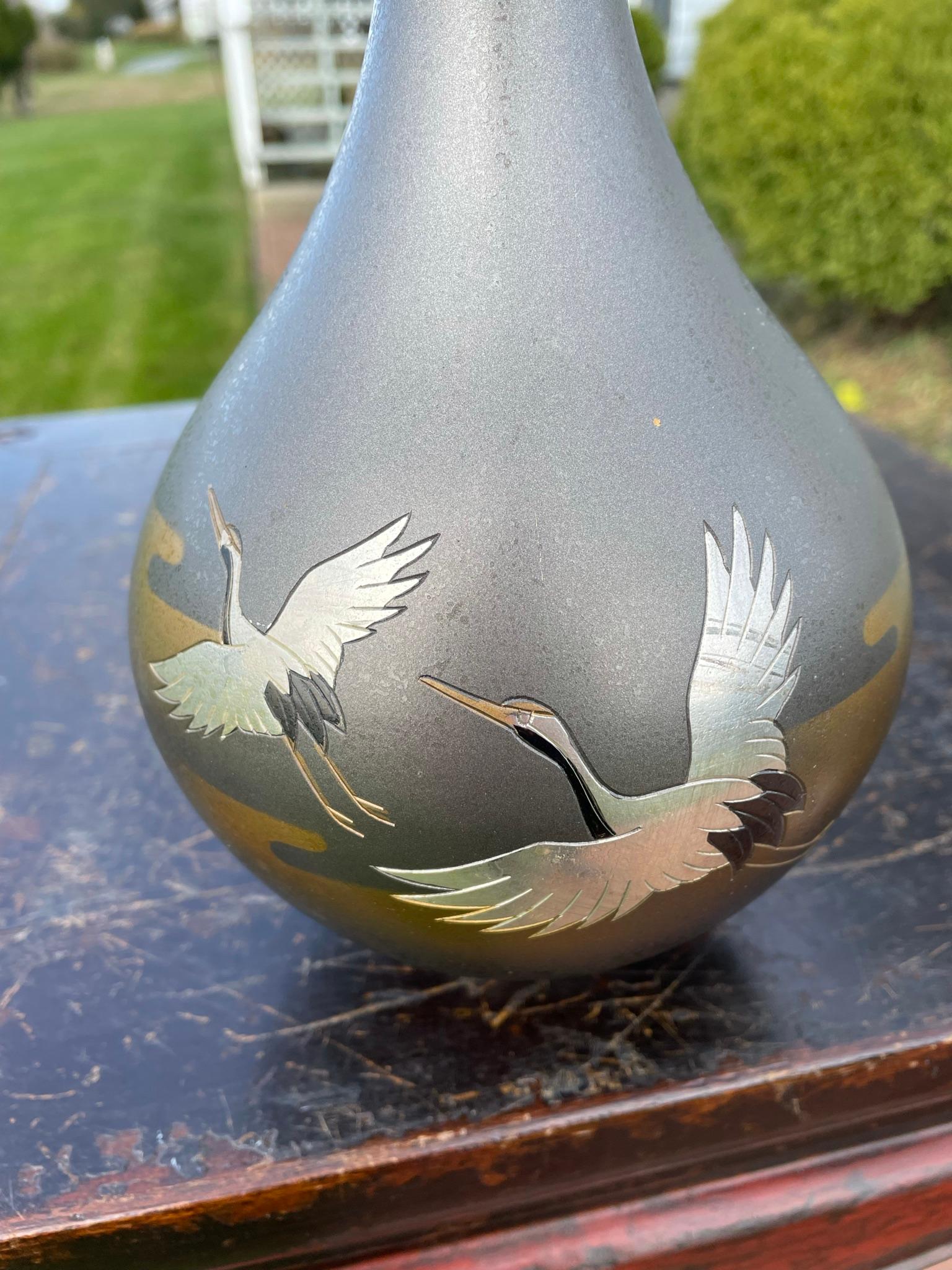 Japanese Vintage Flying Cranes Bronze Vase 1