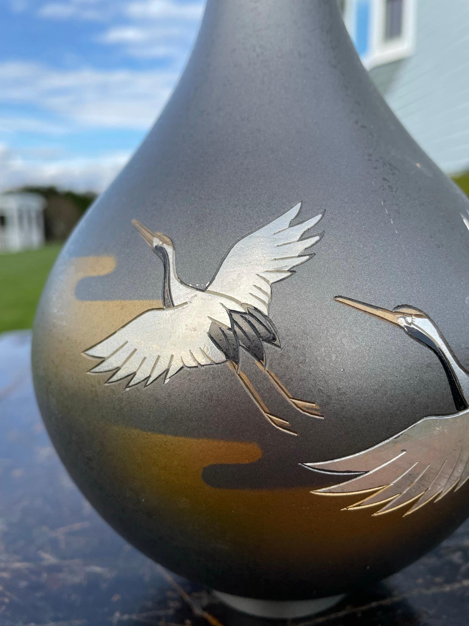 Japanese Vintage Flying Cranes Bronze Vase 3