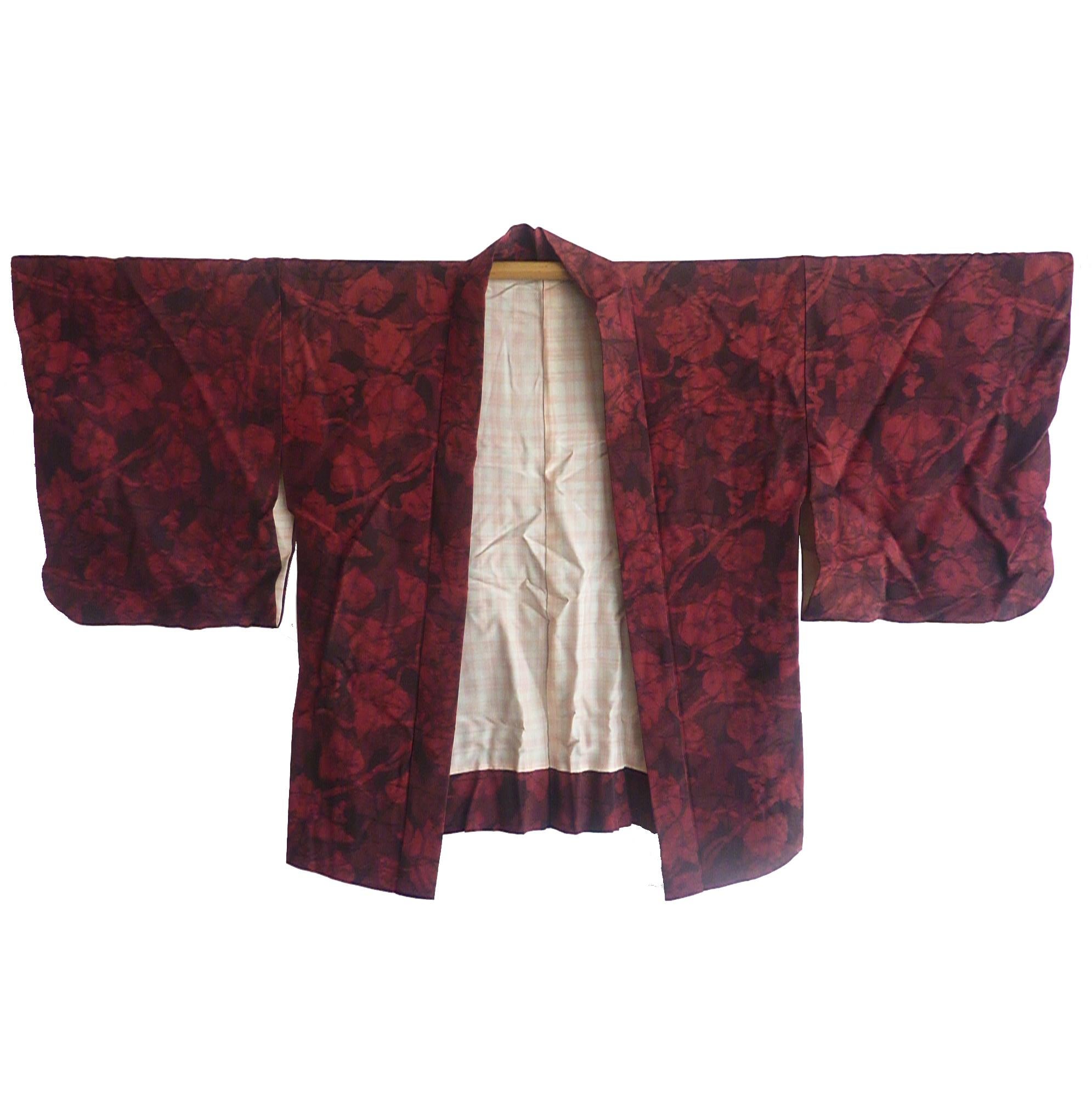 Japanische Vintage-Kimono-Haori-Jacke aus Seide mit Blattwerkdruck aus Seide  für Damen oder Herren im Angebot