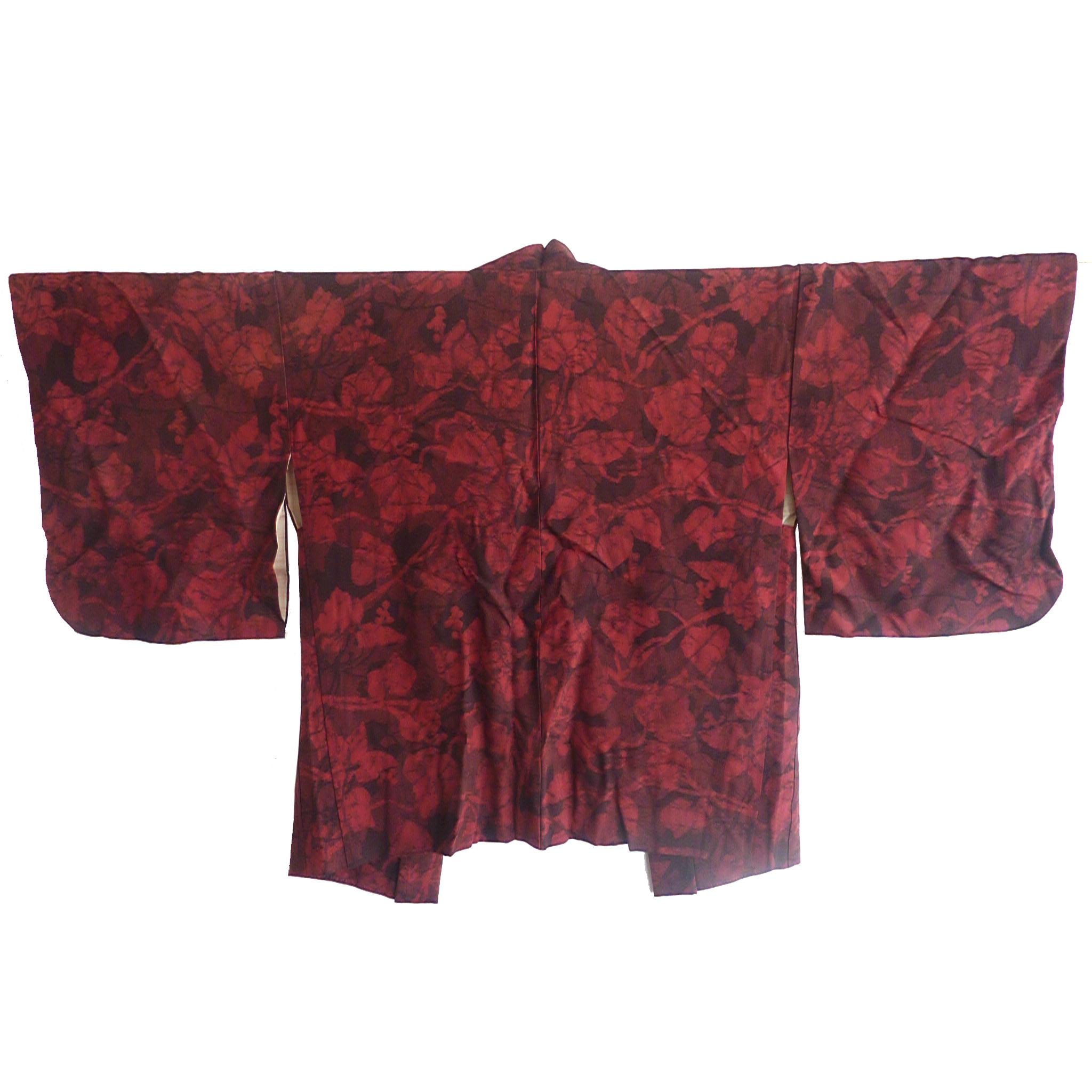 Japanische Vintage-Kimono-Haori-Jacke aus Seide mit Blattwerkdruck aus Seide  im Angebot 1
