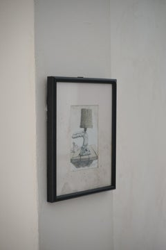 Japanese Vintage Framed Painting of Driftwood Lamp and Cup, Mid-20th Century