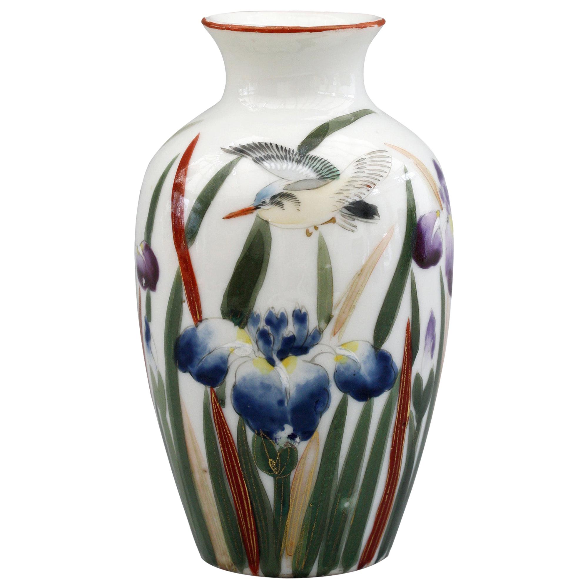 Japanese Vintage Fukagawa Arita Iris & Bird Painted Porcelain Vase