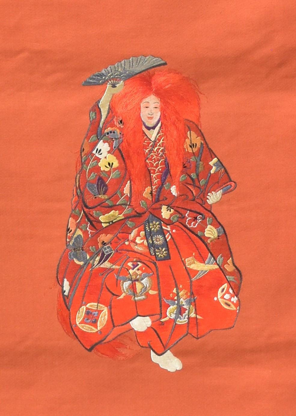 Extraordinary Japanese vintage (circa 1935) extremely intricate embroidery with silk thread in gold and stunning shades of orange on silk cloth, used in the presentation of ceremonial gifts on special occasions called fukusa. This exceptional piece