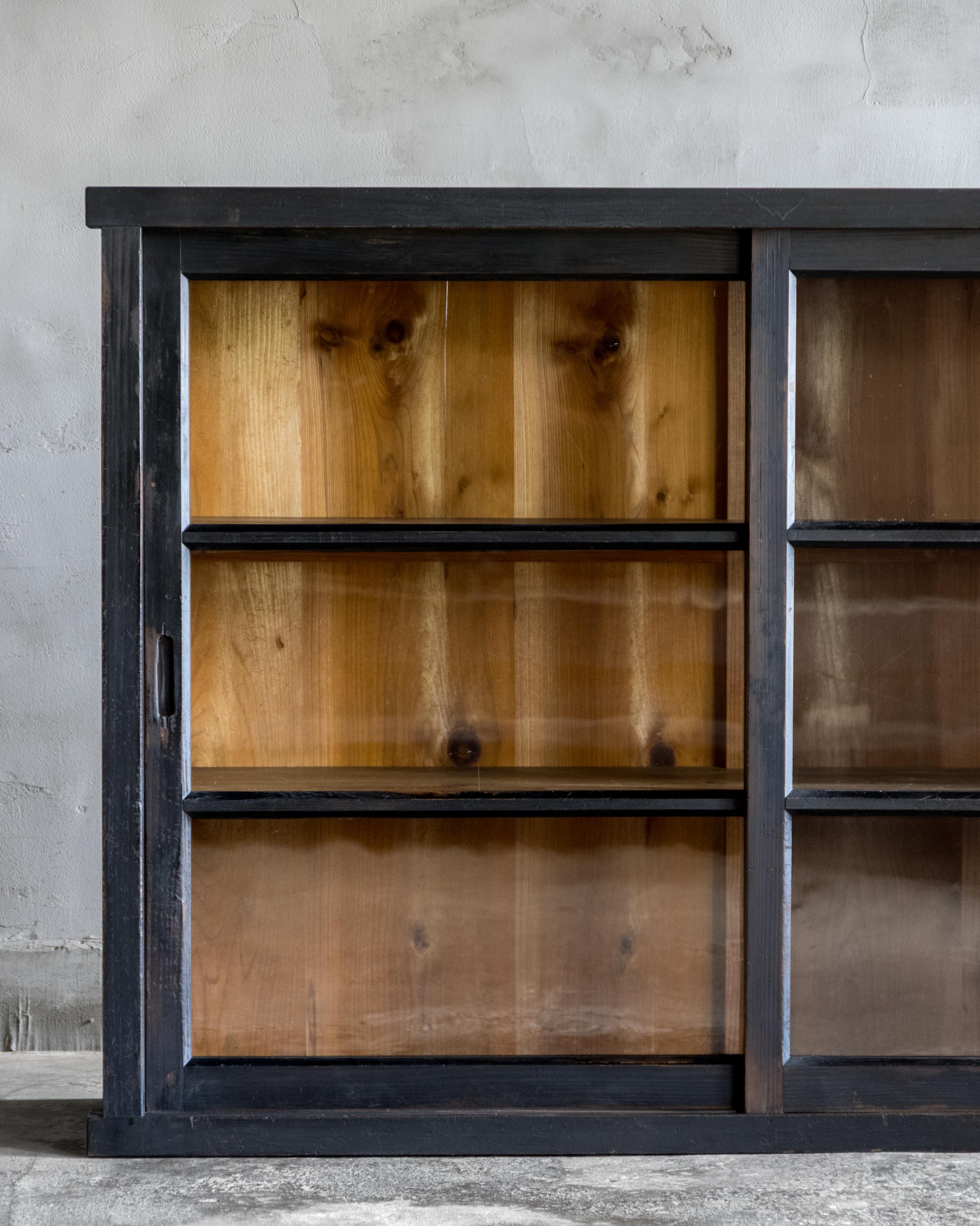 Cedar Japanese Vintage Glass Sliding-Door Cabinet, Early Showa Period (1926–) For Sale