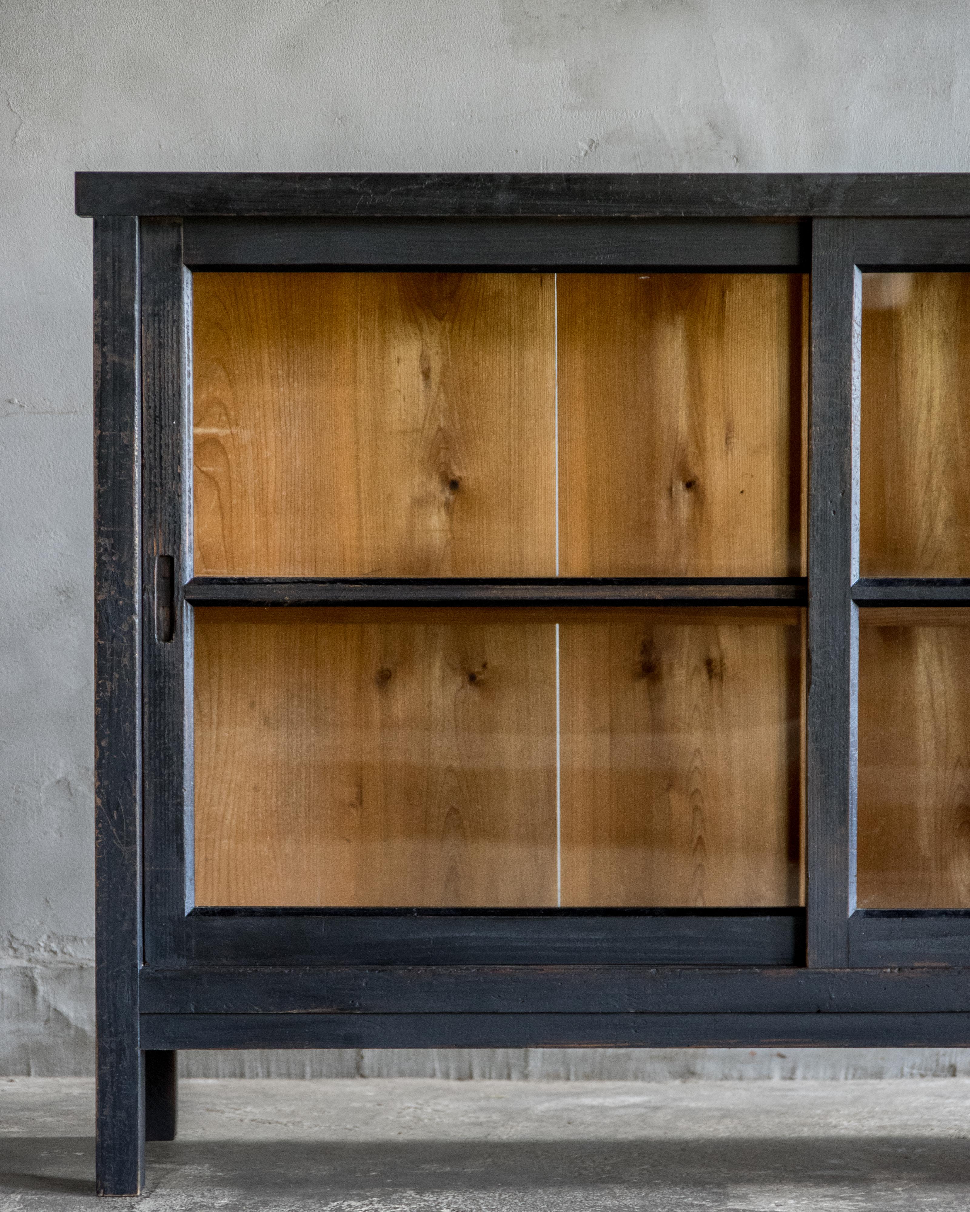 Cedar Japanese Vintage Glass Sliding-Door Cabinet on Legs, Early Showa Period (1926–) For Sale