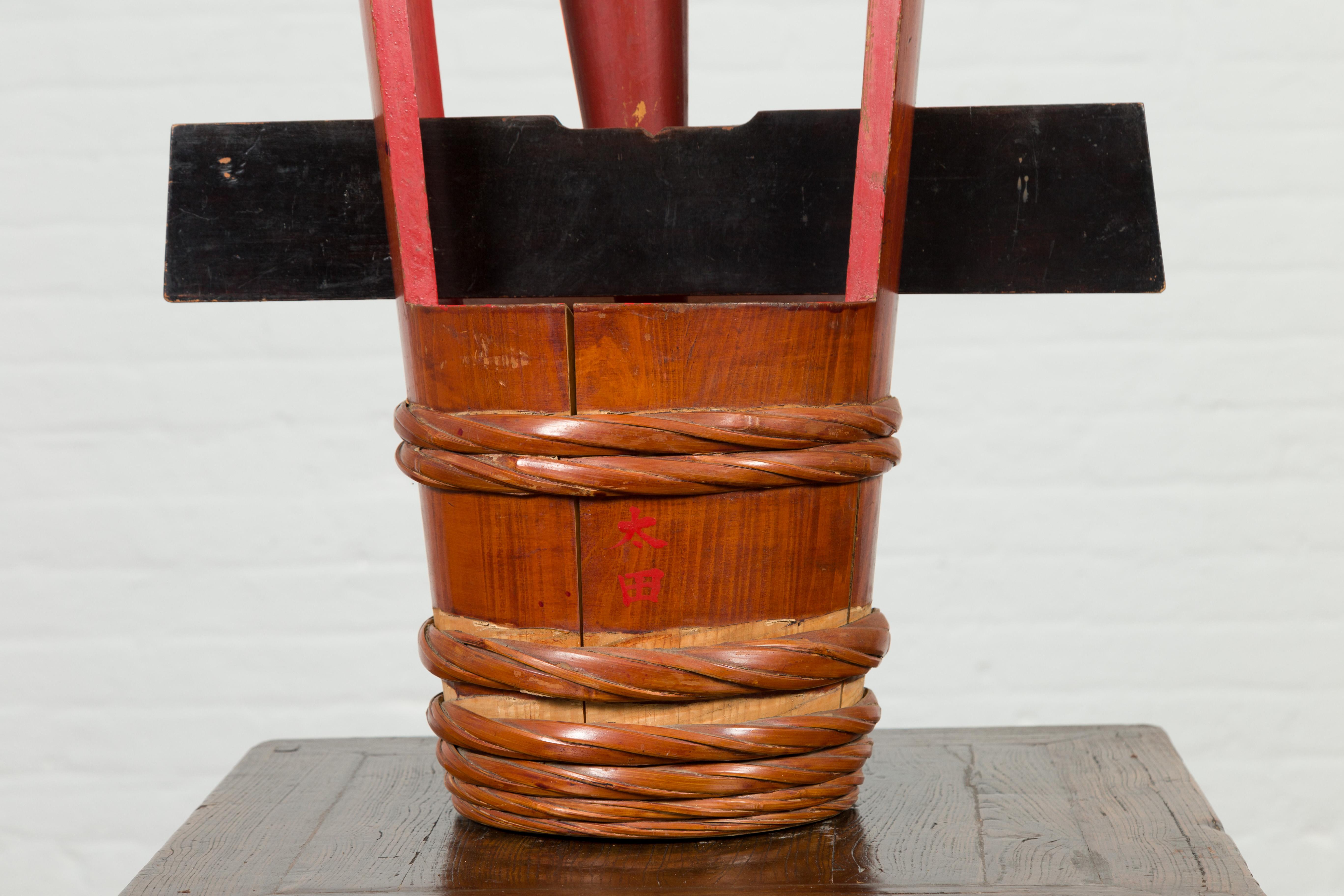 Bamboo Japanese Vintage Sake Storage Jug with Red Lacquer and Calligraphy Decor For Sale