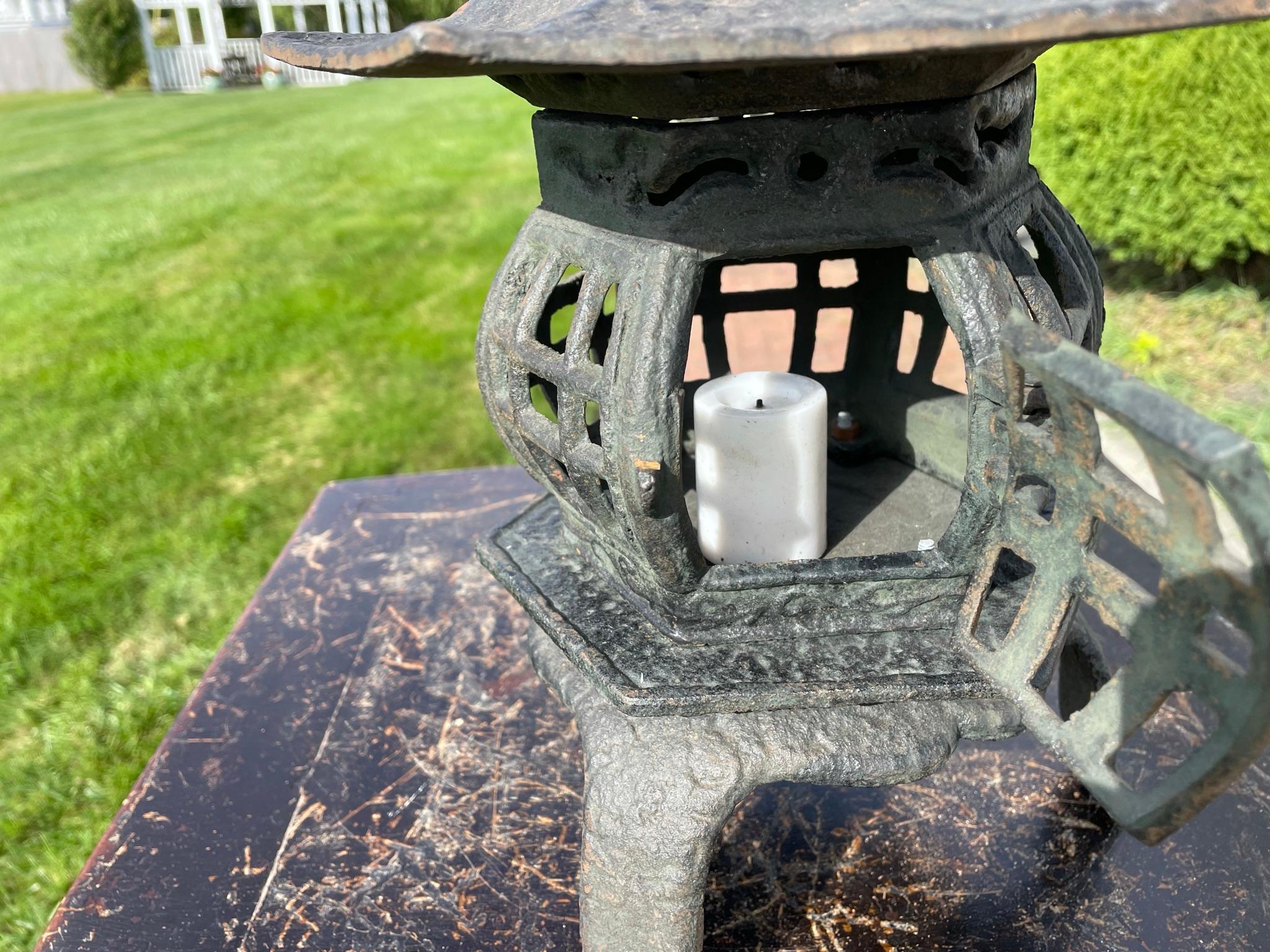Iron Japanese Vintage Heart Roof Garden Lighting Lantern, Signed Japan