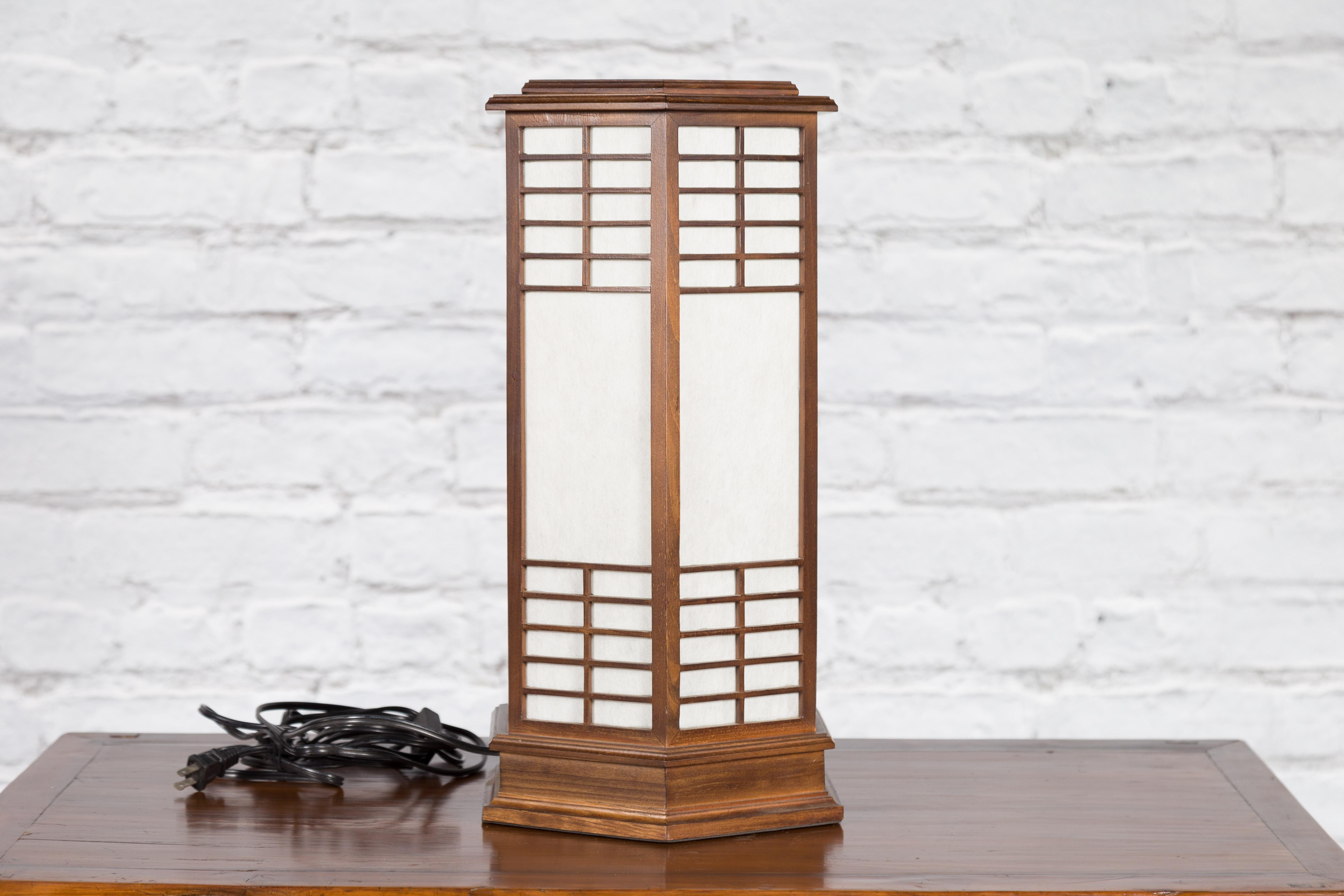 Japanese Vintage Hexagonal Two-Lights Table Lamp with Rice Paper Panels, Wired 3
