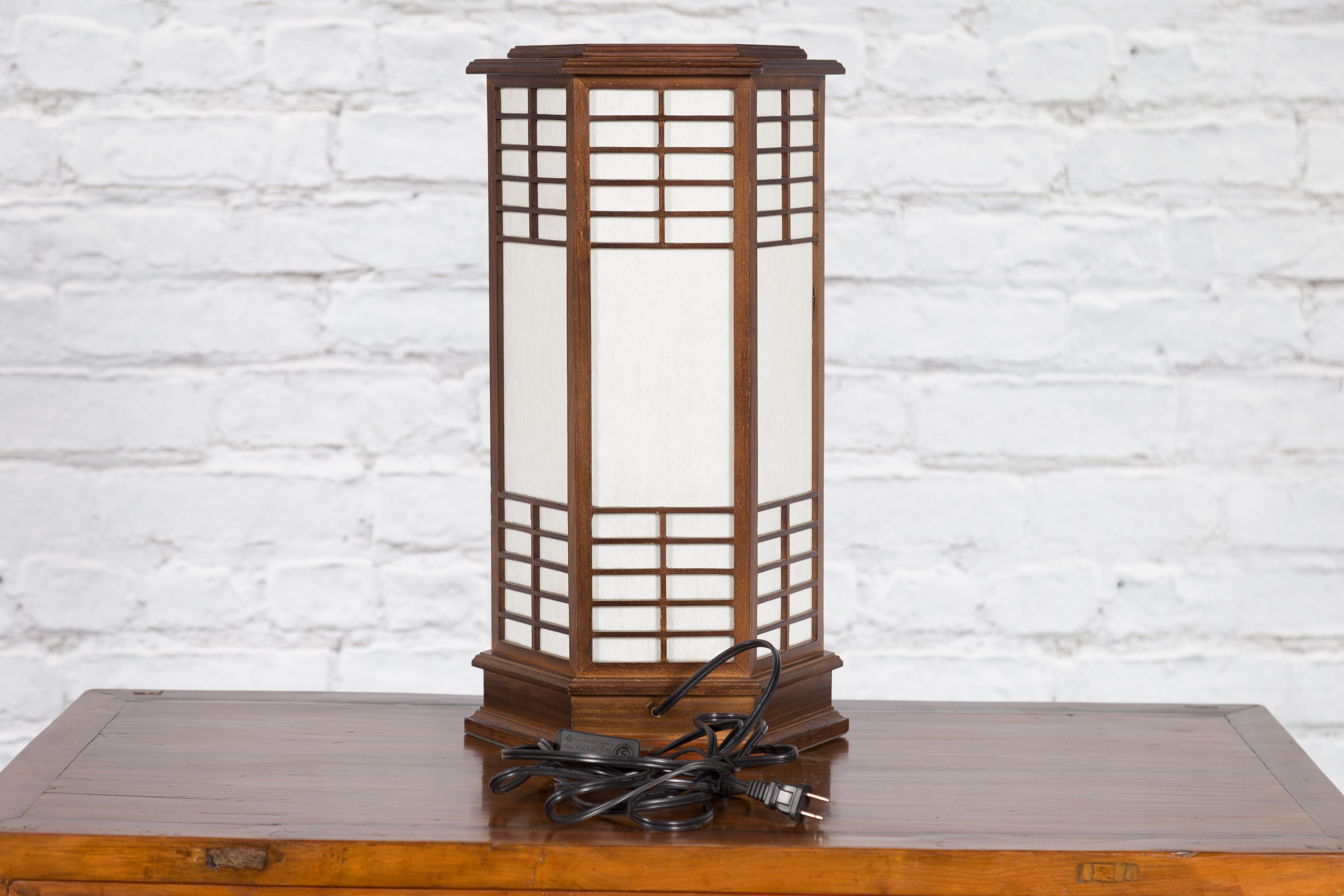 Japanese Vintage Hexagonal Two-Lights Table Lamp with Rice Paper Panels, Wired 4