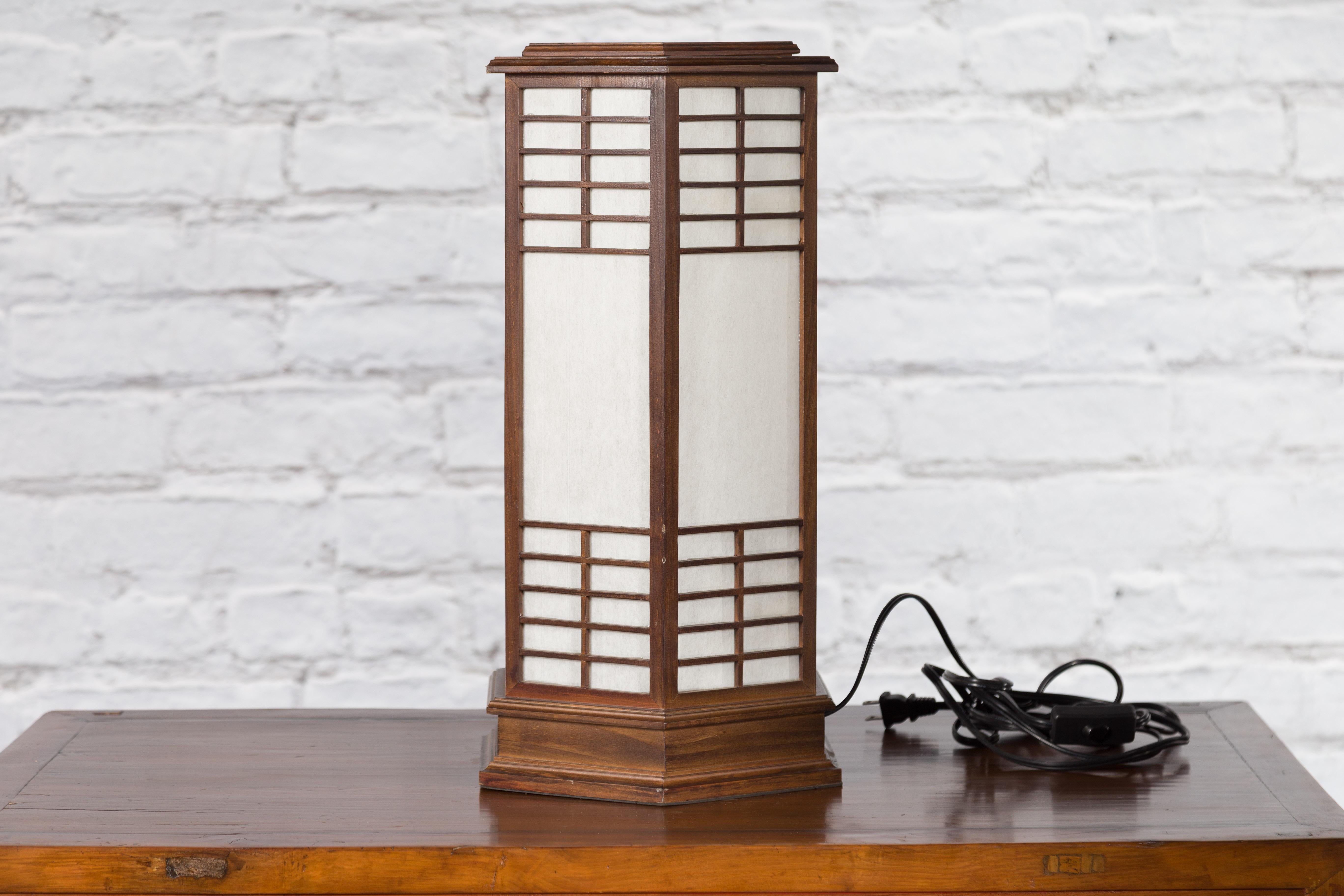 Japanese Vintage Hexagonal Two-Lights Table Lamp with Rice Paper Panels, Wired 5