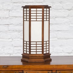 Japanese Vintage Hexagonal Two-Lights Table Lamp with Rice Paper Panels, Wired