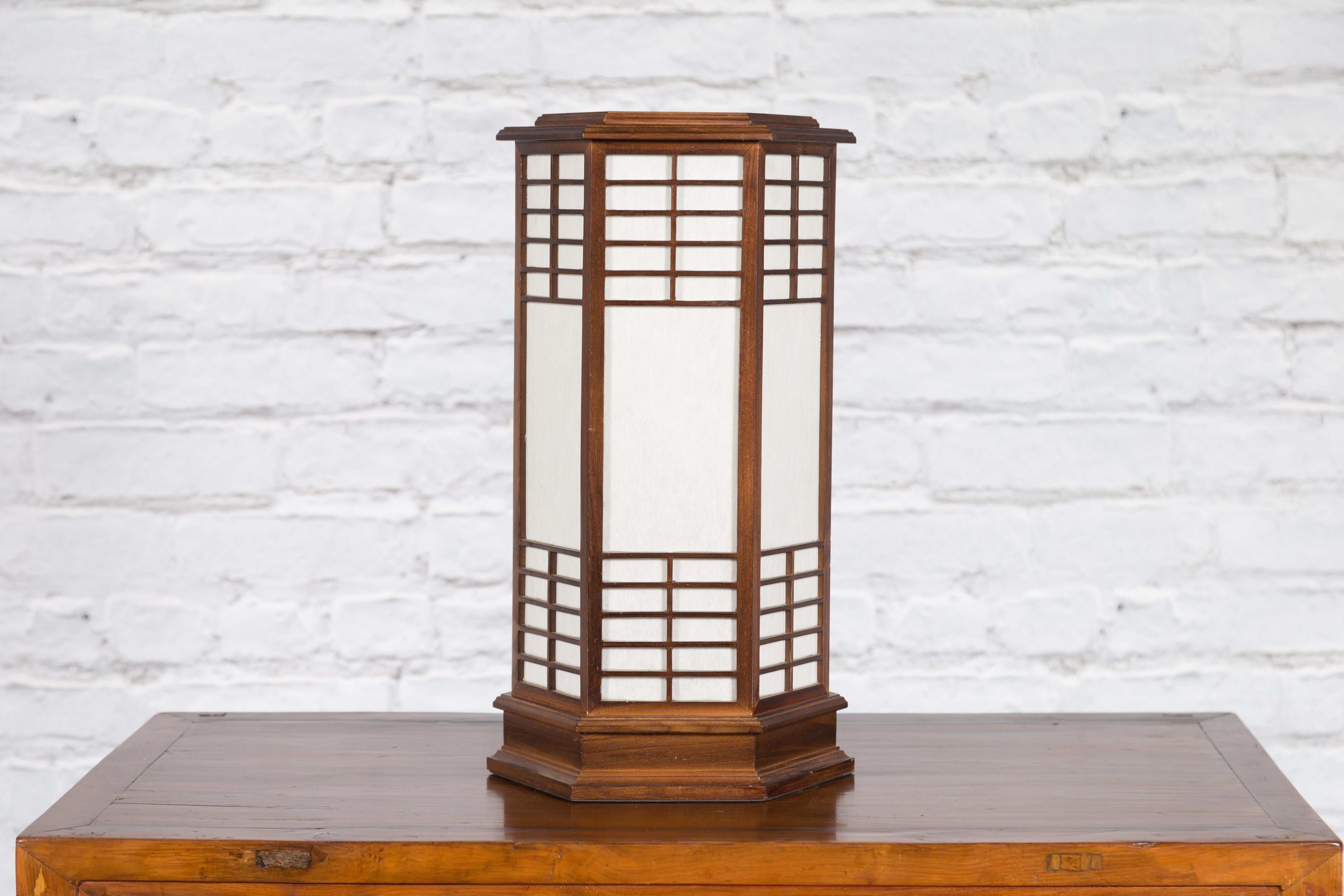 Mid-Century Modern Japanese Vintage Hexagonal Two-Lights Table Lamp with Rice Paper Panels, Wired