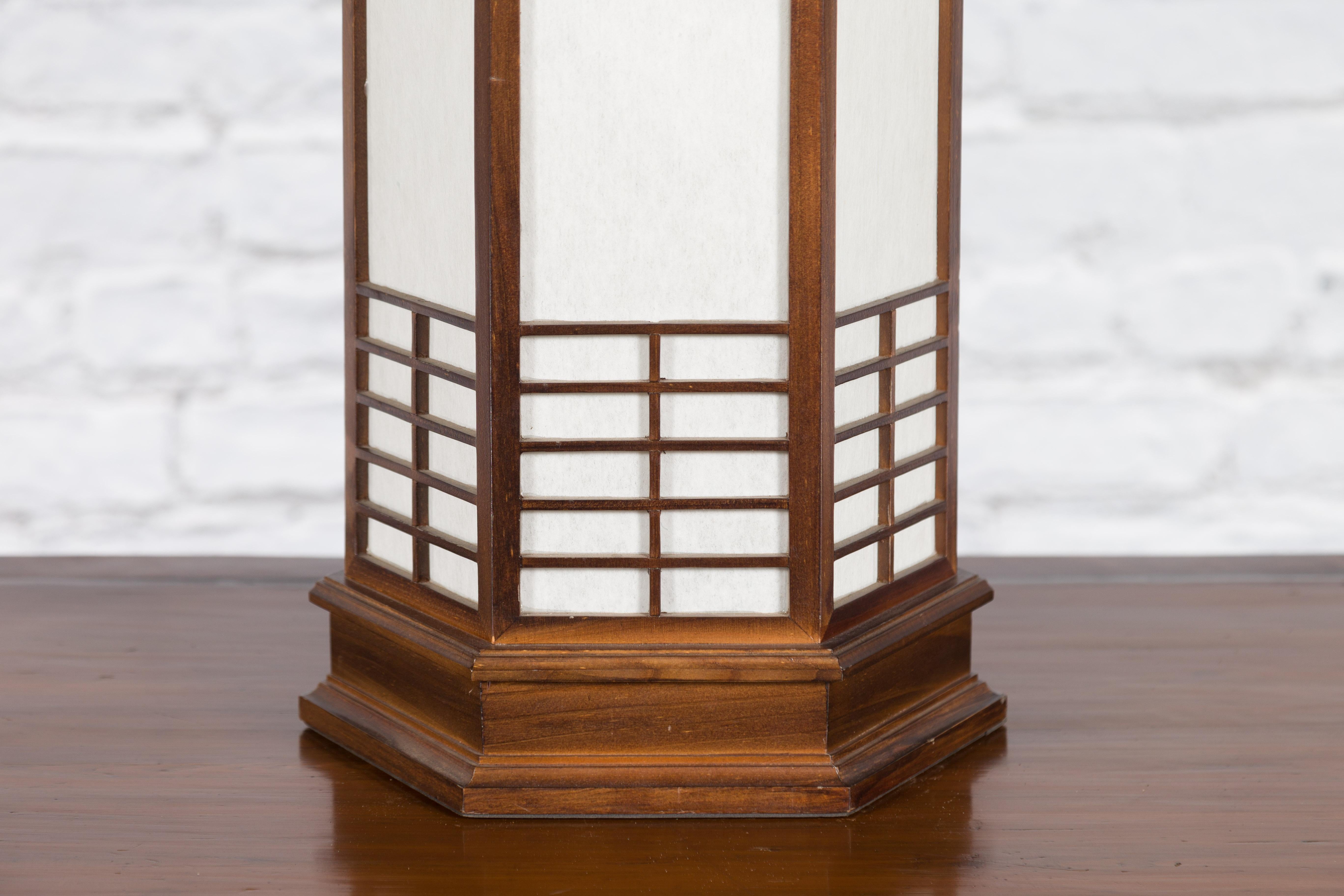 20th Century Japanese Vintage Hexagonal Two-Lights Table Lamp with Rice Paper Panels, Wired
