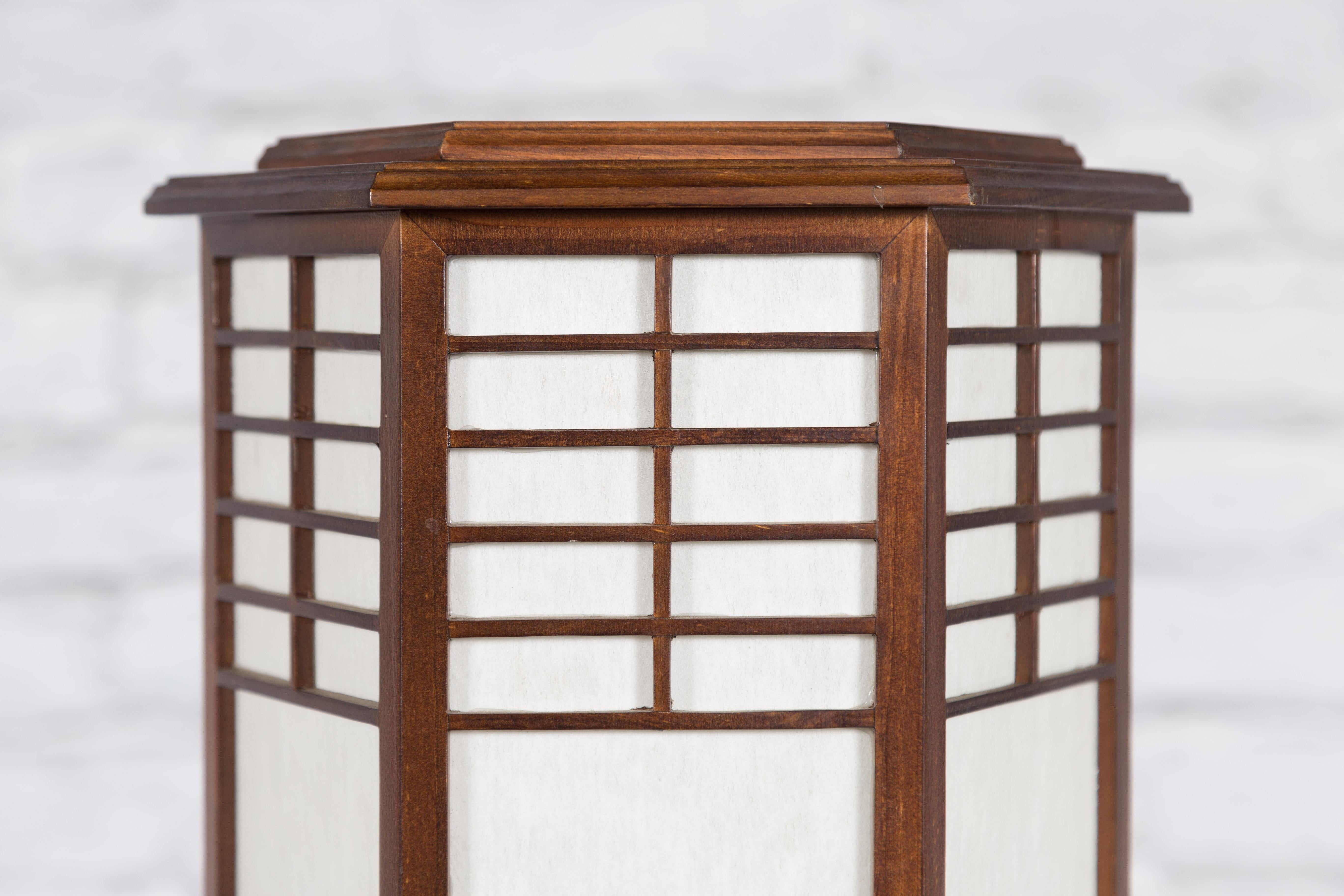 Wood Japanese Vintage Hexagonal Two-Lights Table Lamp with Rice Paper Panels, Wired