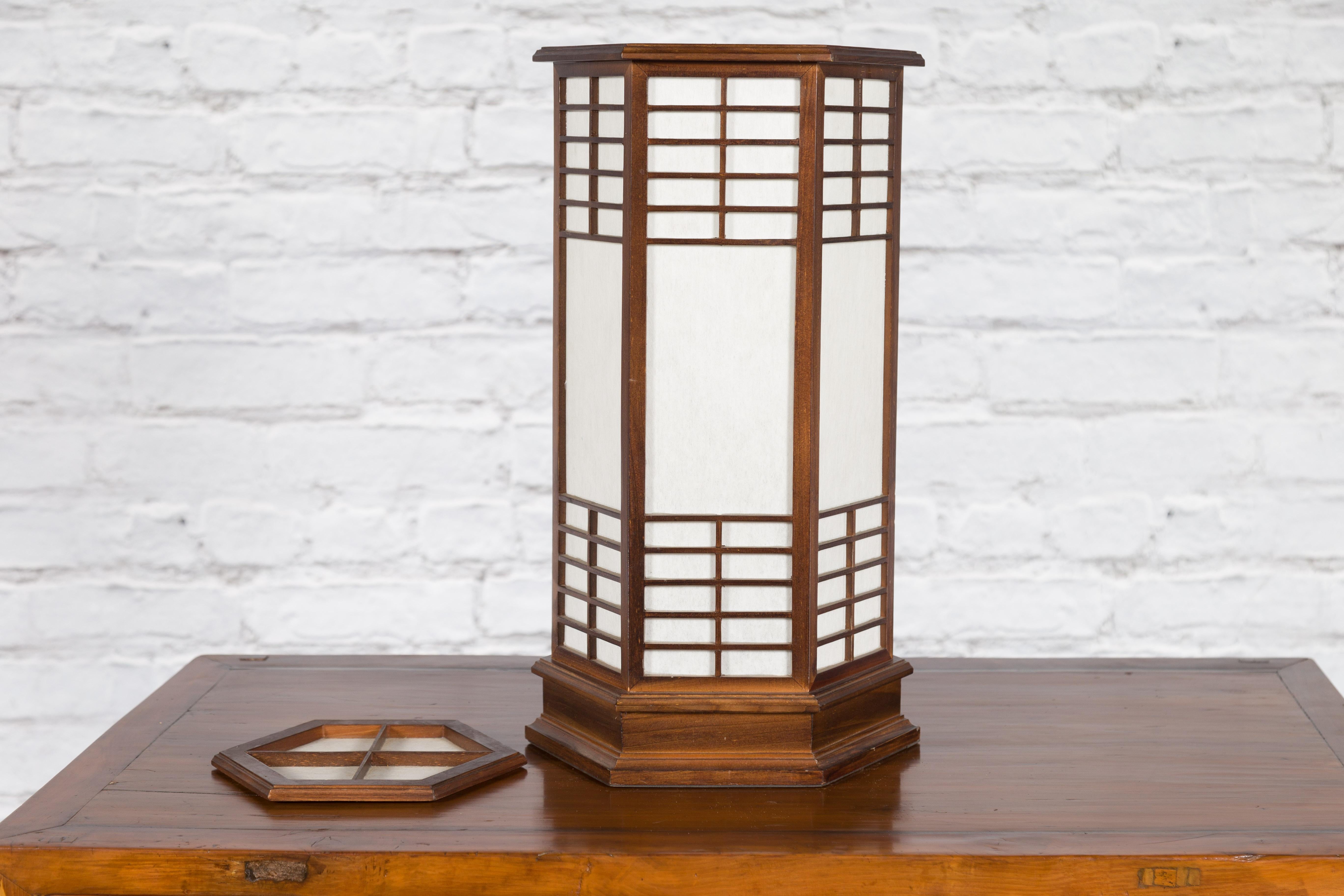Japanese Vintage Hexagonal Two-Lights Table Lamp with Rice Paper Panels, Wired 2