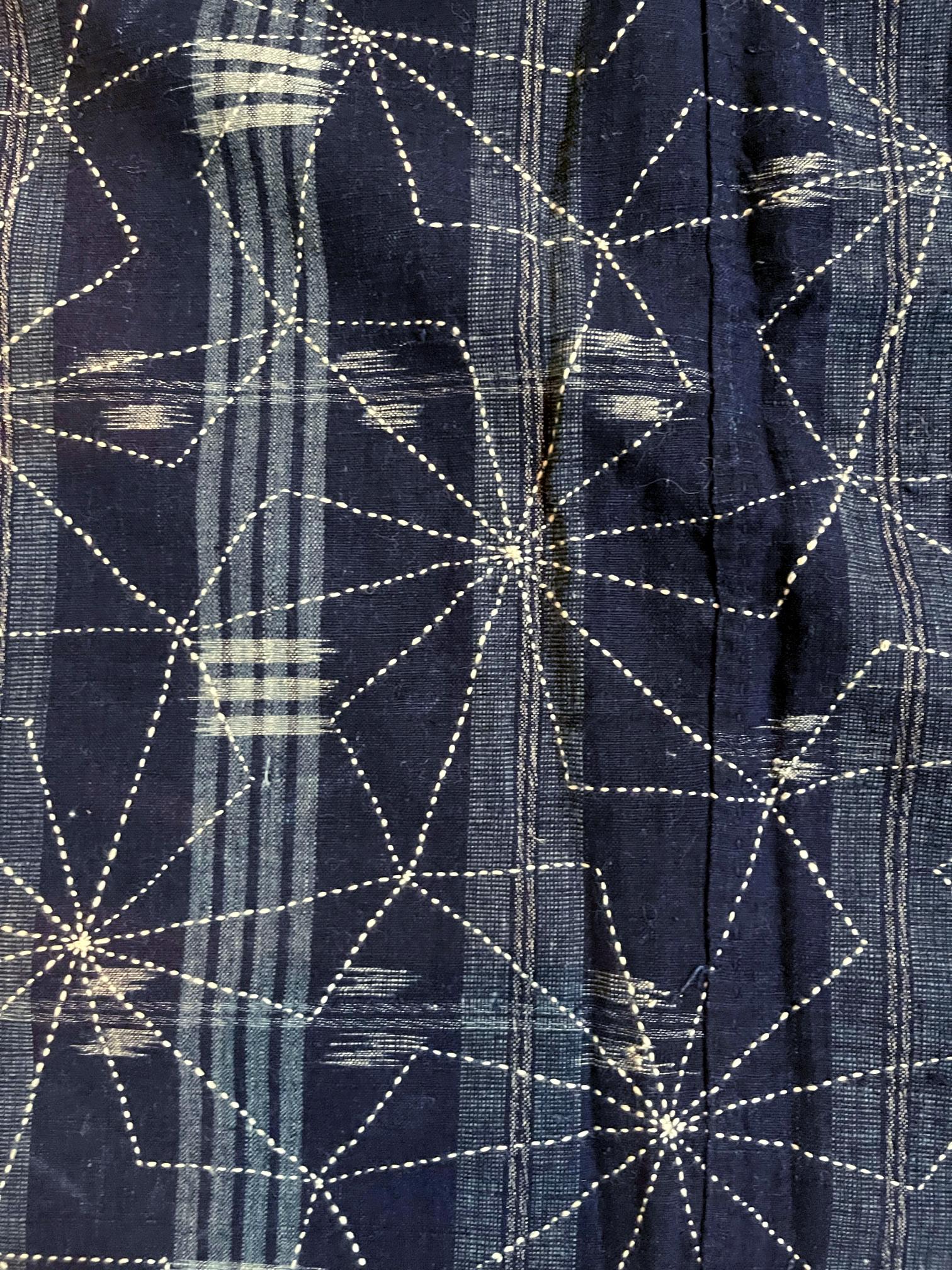 Japanese Vintage Indigo Woven Ikat Kasuri with Sashiko Textile Panel  4