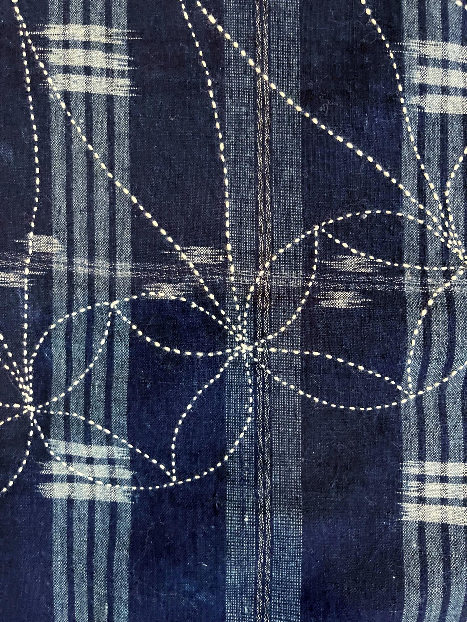 Japanese Vintage Indigo Woven Ikat Kasuri with Sashiko Textile Panel  5