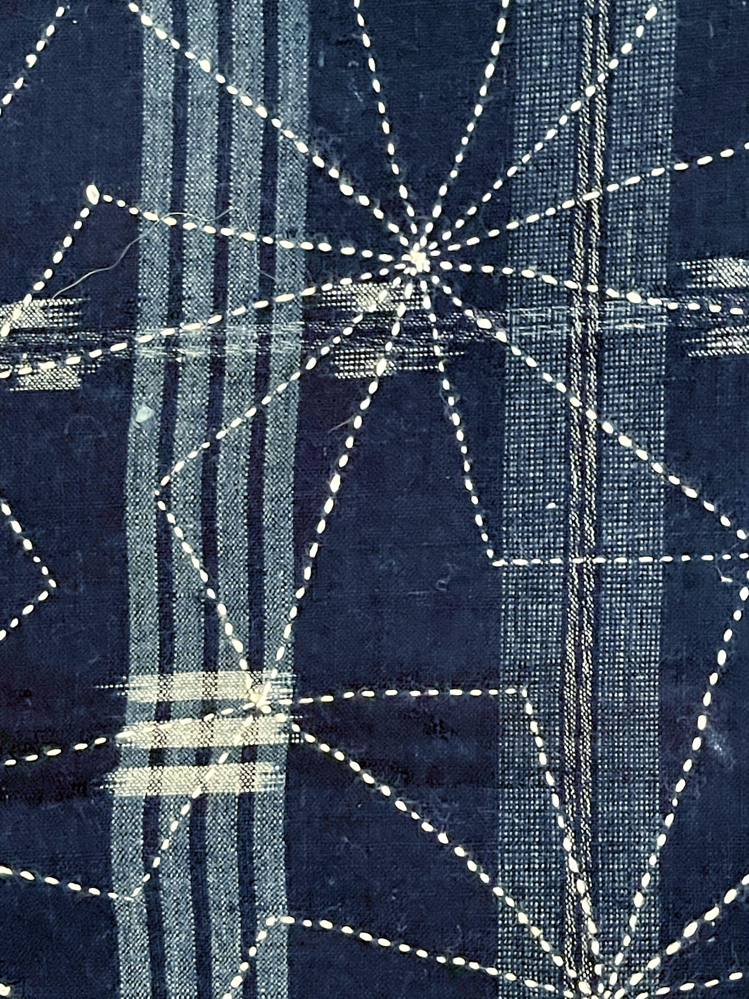 Japanese Vintage Indigo Woven Ikat Kasuri with Sashiko Textile Panel  7