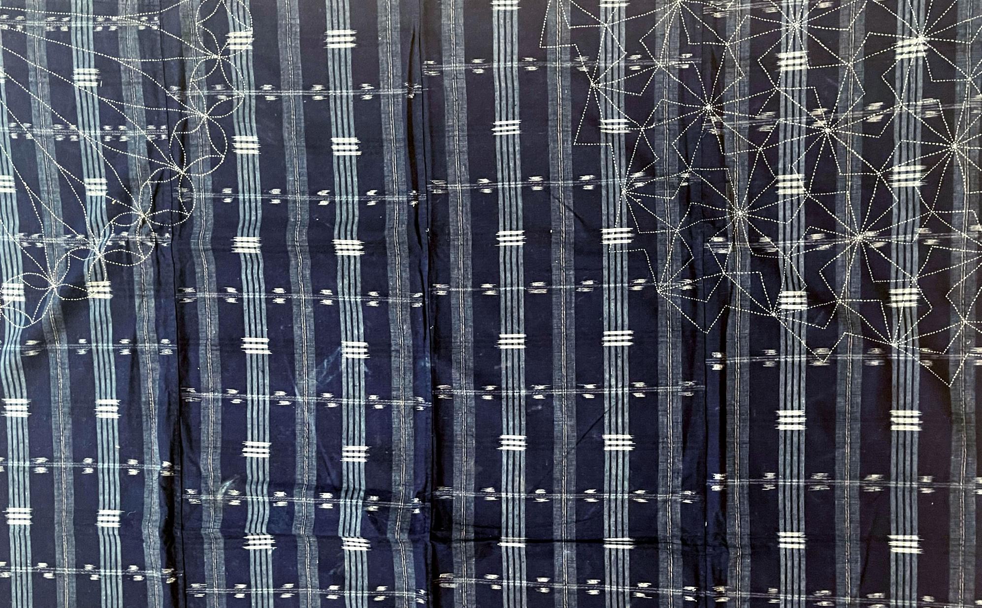 Meiji Japanese Vintage Indigo Woven Ikat Kasuri with Sashiko Textile Panel 