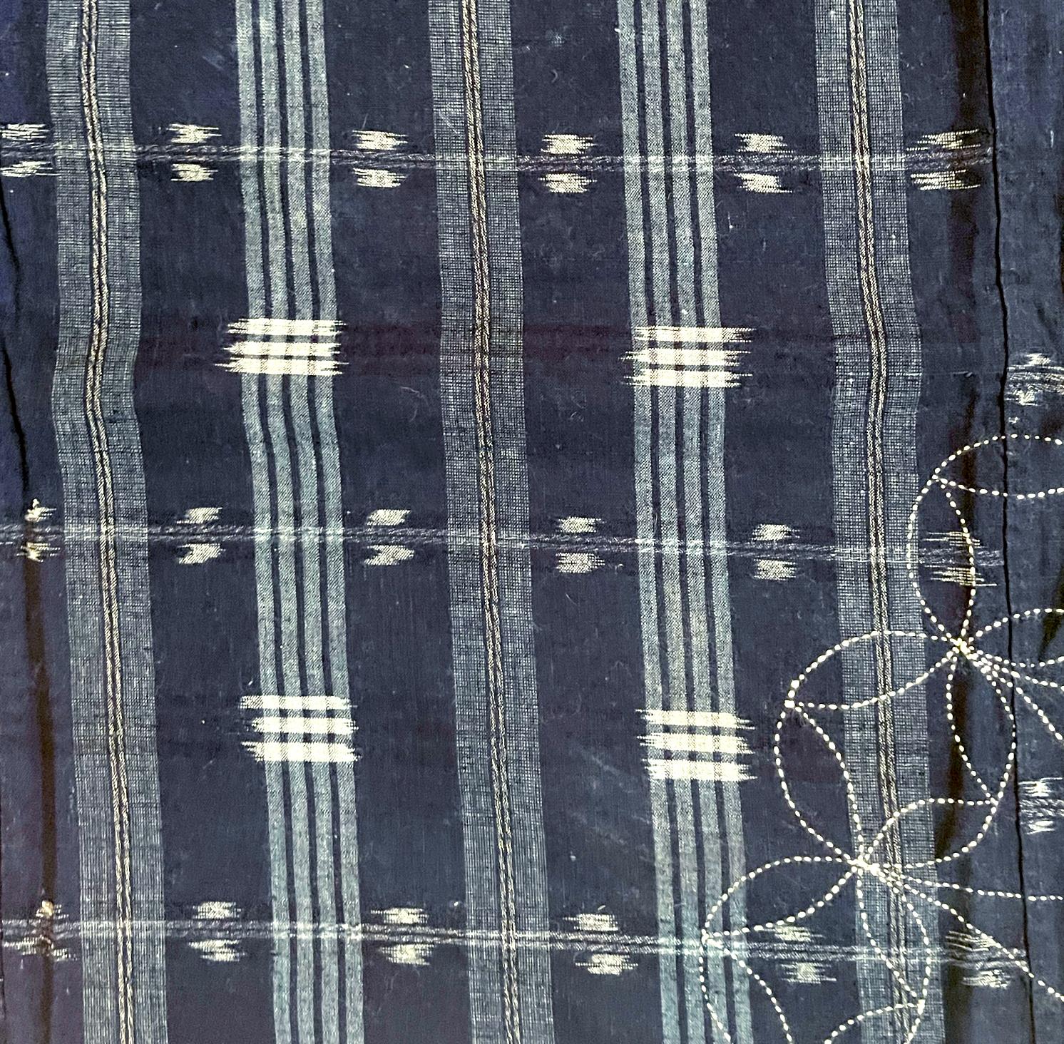 Hand-Woven Japanese Vintage Indigo Woven Ikat Kasuri with Sashiko Textile Panel 