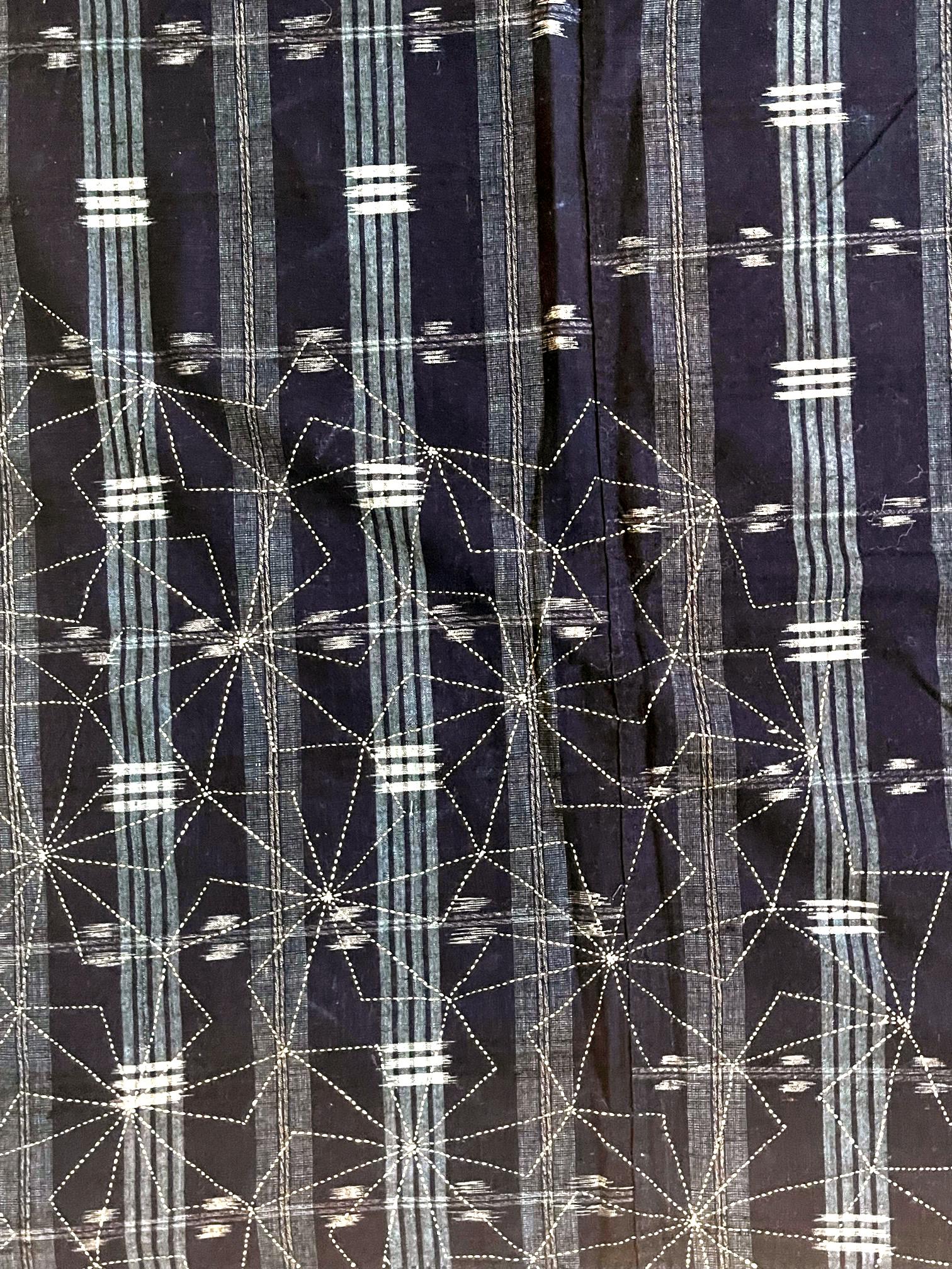 Cotton Japanese Vintage Indigo Woven Ikat Kasuri with Sashiko Textile Panel 