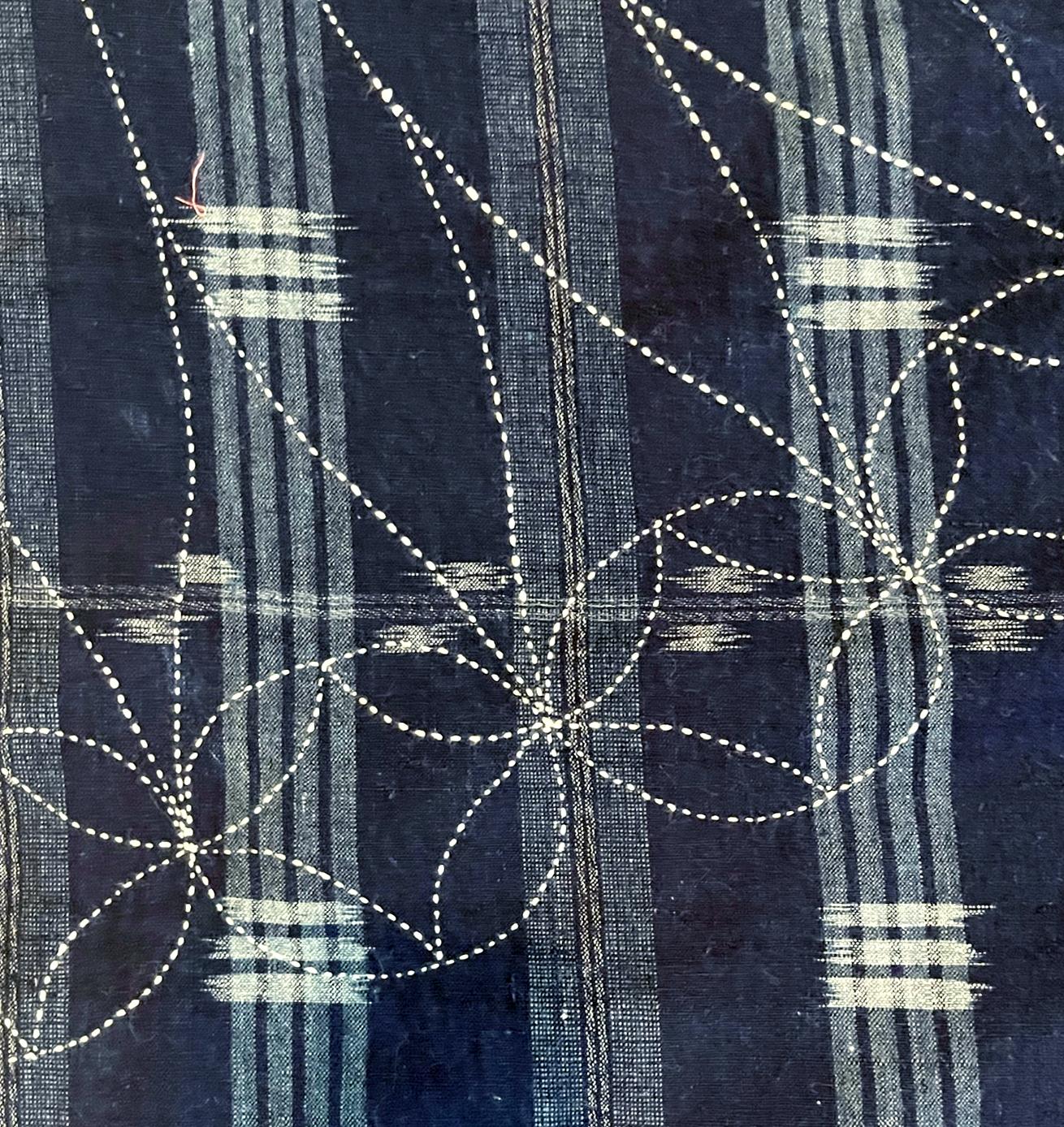 Japanese Vintage Indigo Woven Ikat Kasuri with Sashiko Textile Panel  2
