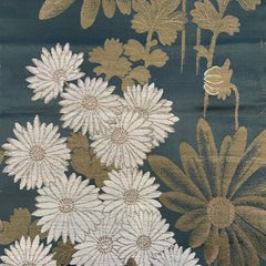 Japanese Vintage Kimono Silk Belt Flowers Navy and Silver 1920s